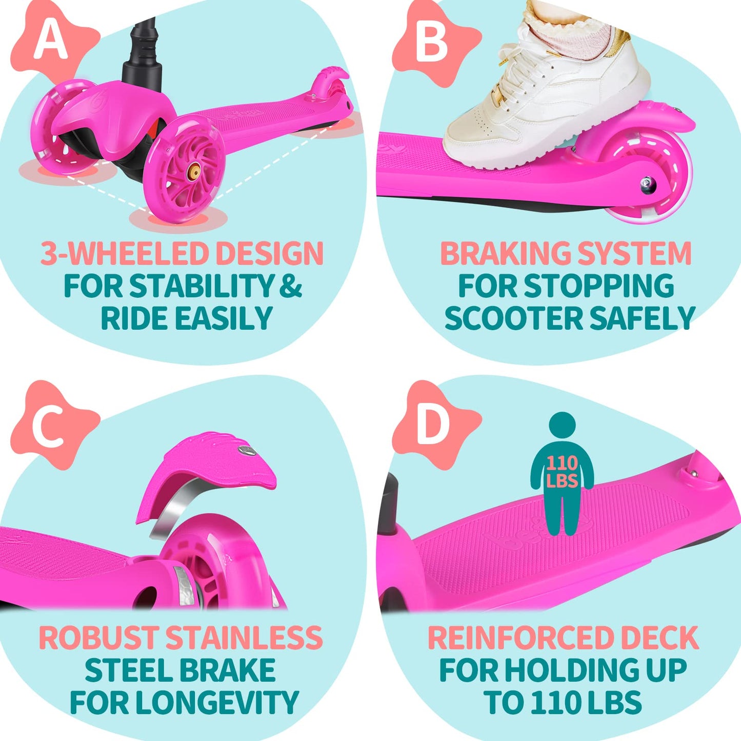 BELEEV A1 Scooter for Kids Ages 2-6, 3 Wheel Kick Scooter for Toddlers Girls Boys, 4 Adjustable Height, Lean to Steer, Light up Wheels, Wide Deck, Easy to Assemble, Lightweight Scooter for Children