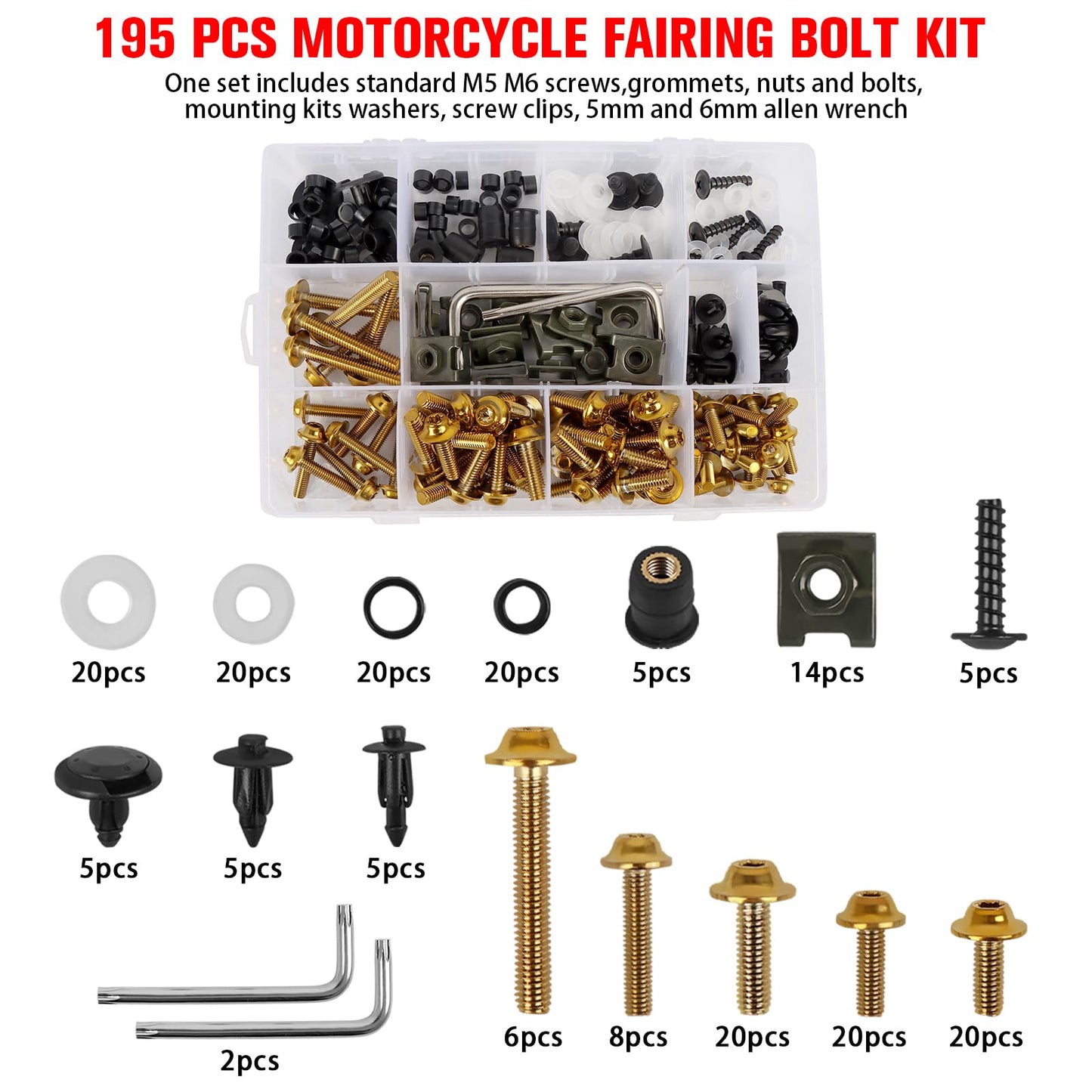 CHIFUN 195Pcs Motorcycle Fairing Bolt Kit Black M5 M6 Stainless Steel Screws Assortment Kit Plastic Grommets Nuts Washers Clips Universal for Sport Dirt Bike Bodywork Fairing Windscreen