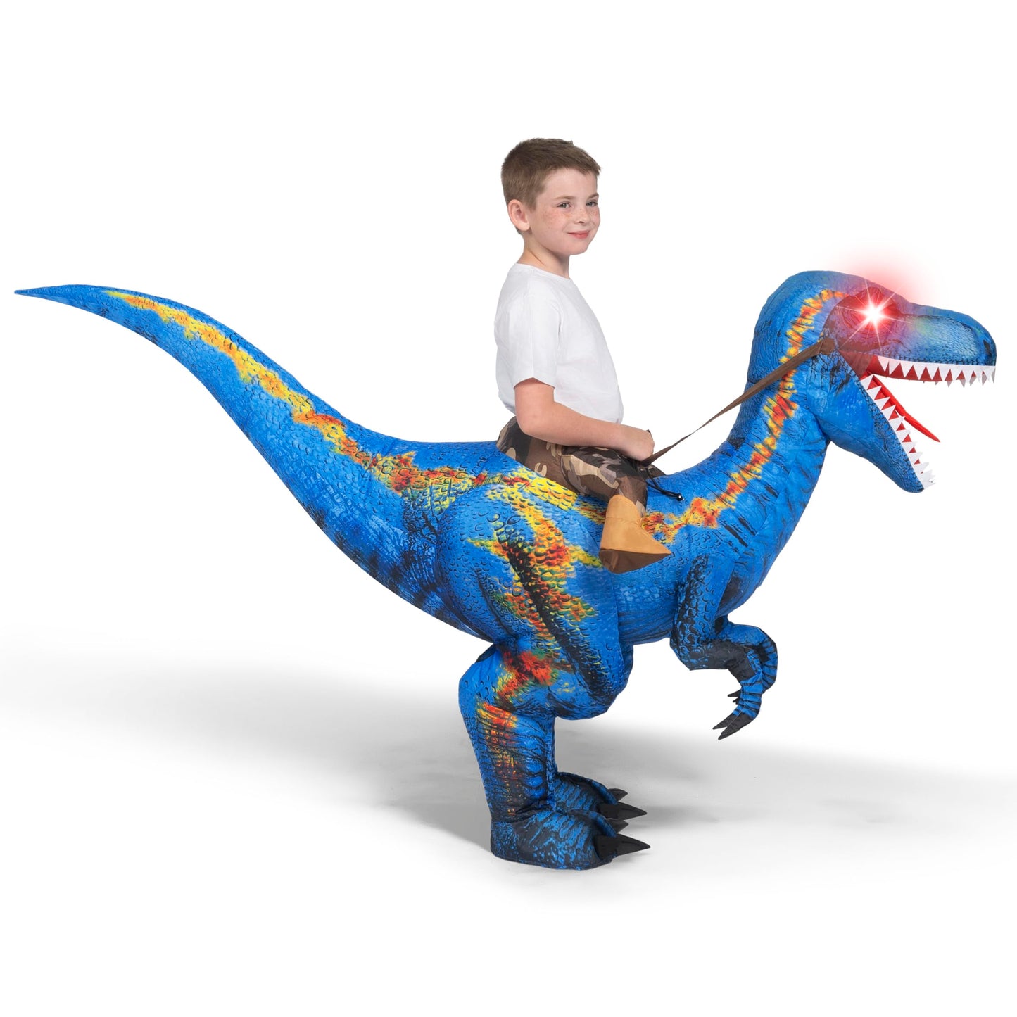 Spooktacular Creations Kids Halloween Inflatable Dinosaur Costume, LED Light Eyes Ride-on T-rex(S Blue)
