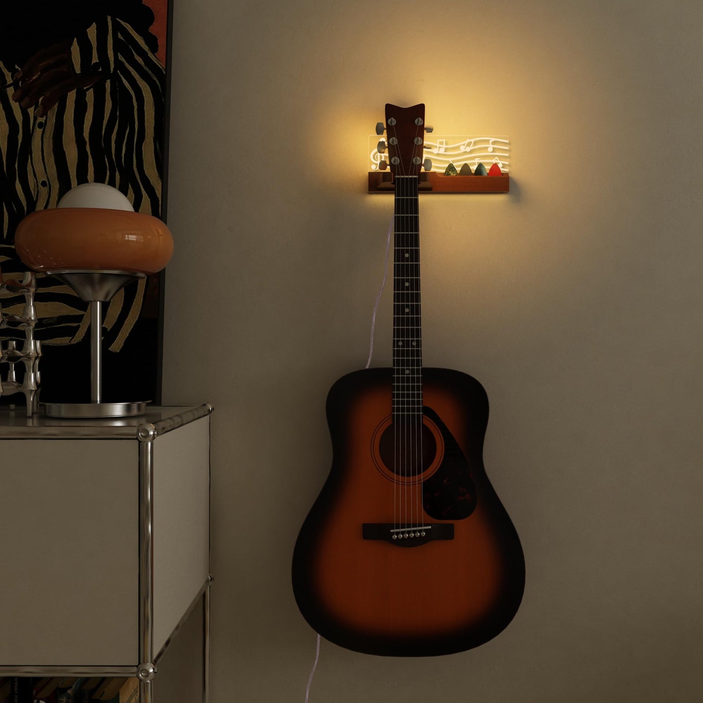 CoolGift Mart Light up Guitar Wall Mount, Musical Notes Design, Pick Holder with LED Illumination - USB Powered, Premium Wood and Acrylic, for Acoustic Electric Bass Ukulele Violin, Gift for Music Lovers Guitar Players