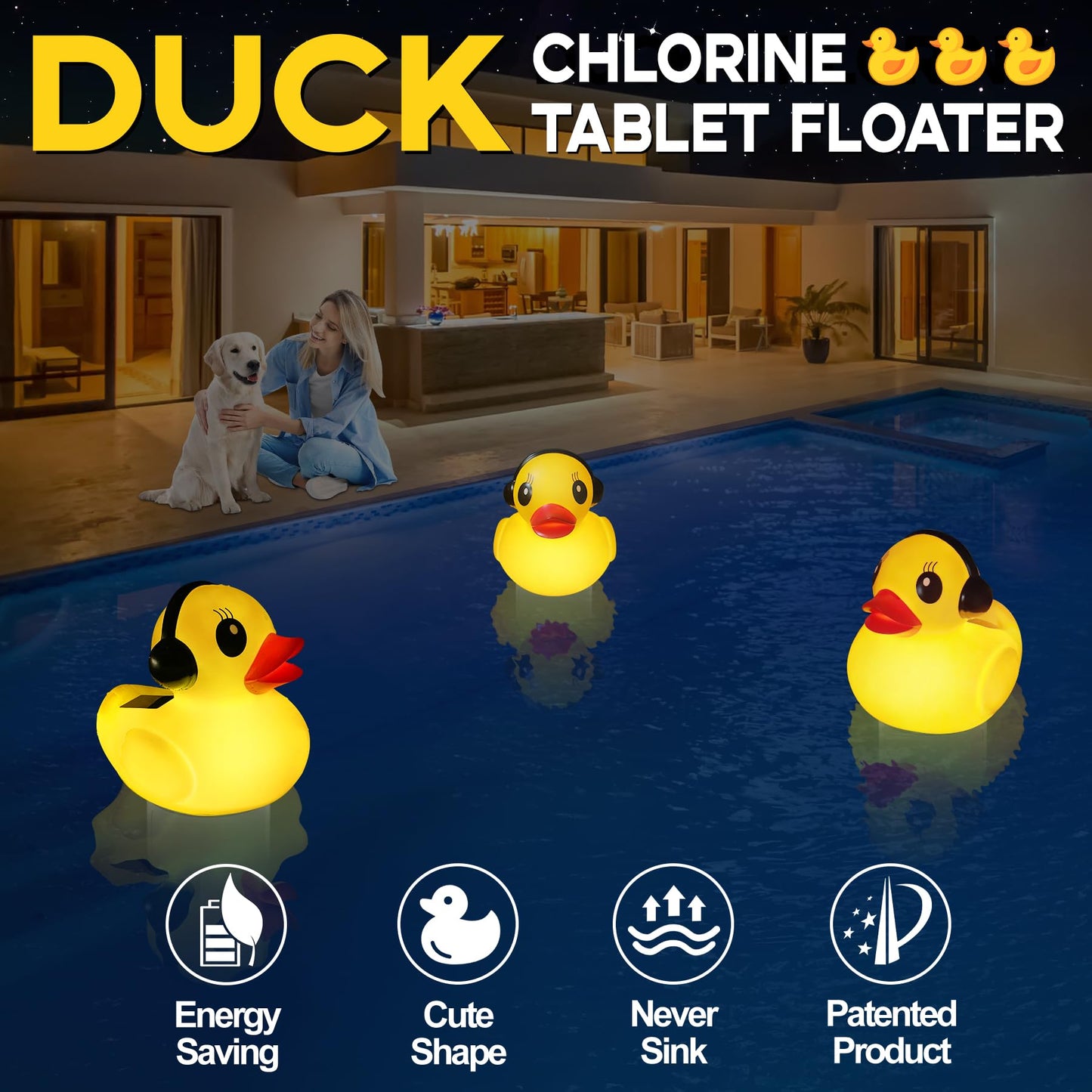 Pool Chlorine Floater with Light,Duck Chlorine Floaters with Adjustable Flow,Solar Chlorine Floater with Large Capacity,Collapsible Floating Chlorine Dispenser for Pool,Hot Tub Chlorine Floater