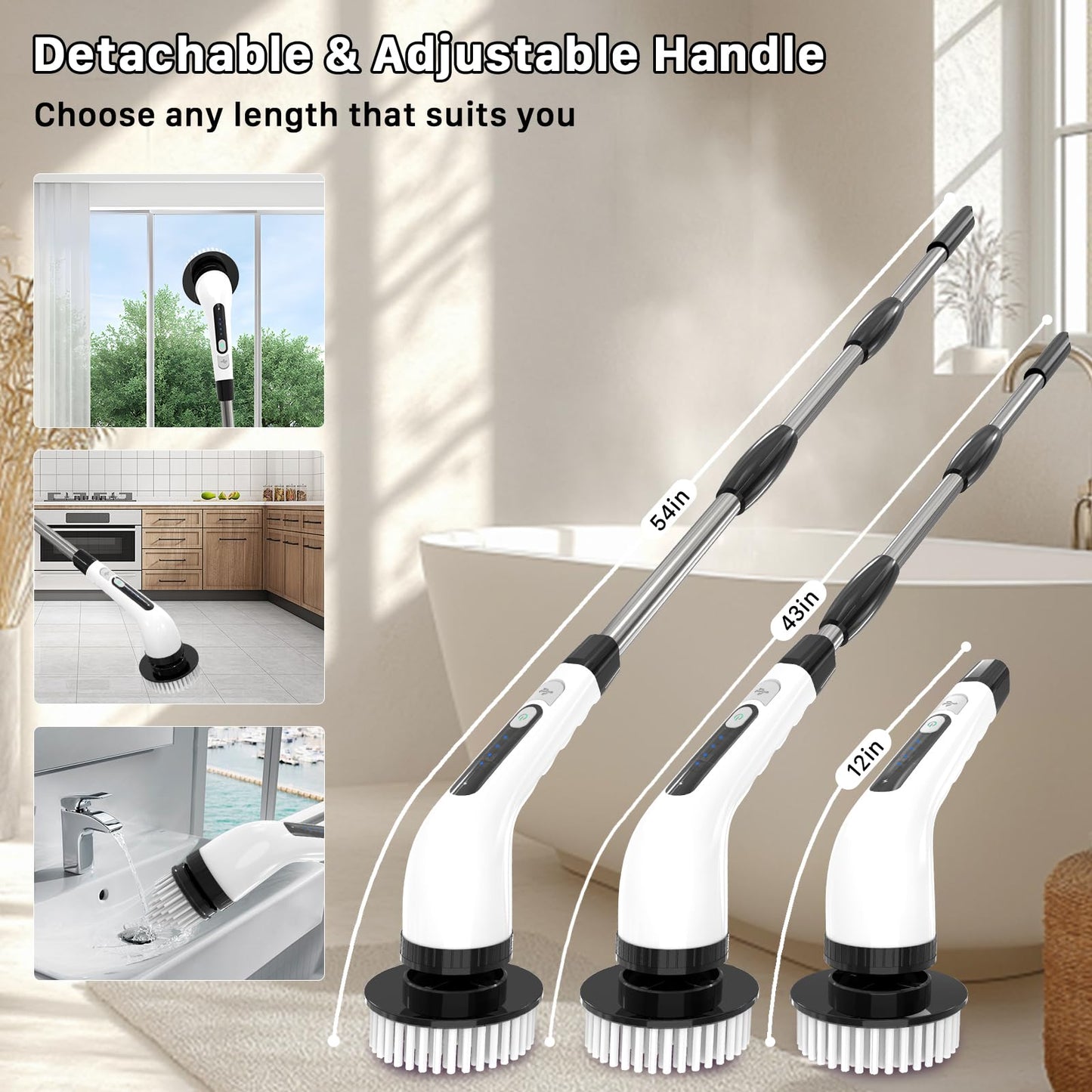 Electric Spin Scrubber, Cordless Cleaning Brush, Shower Scrubber with 7 Replaceable Brush, 2 Speeds and Adjustable Extension Handle for Bathroom Shower Bathtub Glass Car(White)