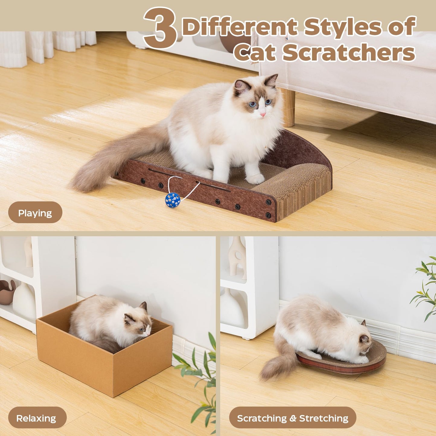 Avont Cat Scratcher Set, 3 Pcs Cardboard Cat Scratchers for Indoor Cats Durable Corrugated Cardboard Scratch Board Bed Lounge Box Toys for Kittens, Furniture Protector for Couch