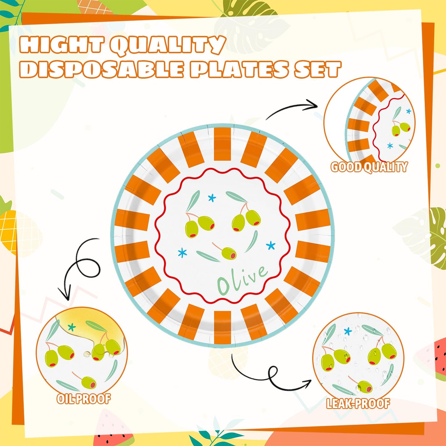 AnyDesign 40Pcs Italian Summer Paper Plates Party Plates 9 Inch Cute Fruit Striped Disposable Dinner Dessert Plate for Birthday Baby Shower Party Supplies