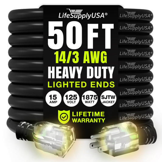 50ft Outdoor/Indoor Extension Cord 14/3 Gauge Heavy Duty 3 Prong SJTW, Waterproof, Flexible Cold-Resistant Long Power Cord,15A 125V 1875W, Black by LifeSupplyUSA