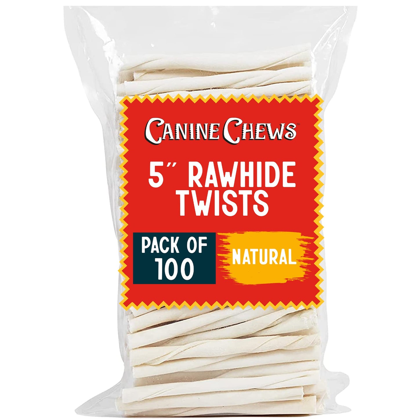 Canine Chews Small Rawhide Twists for Dogs - Pack of 100 5" Dog Treat Stick Twist Beef Dental Chew Dog Toy for Small Dogs and Puppies - Natural Dog Rawhide Sticks