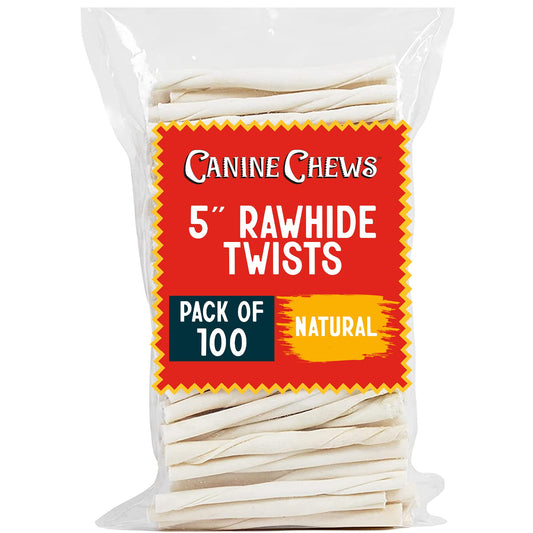Canine Chews Small Rawhide Twists for Dogs - Pack of 100 5" Dog Treat Stick Twist Beef Dental Chew Dog Toy for Small Dogs and Puppies - Natural Dog Rawhide Sticks