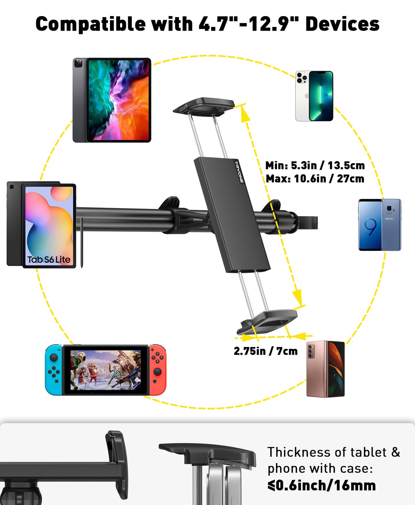 Car Tablet Holder Mount for iPad: Tryone Headrest Tablet Stand for Car Back Seat Compatible with iPad Pro Air Mini | Galaxy Tab | Kindle Fire HD | Switch OLED or Other 4.7-16.1" Devices