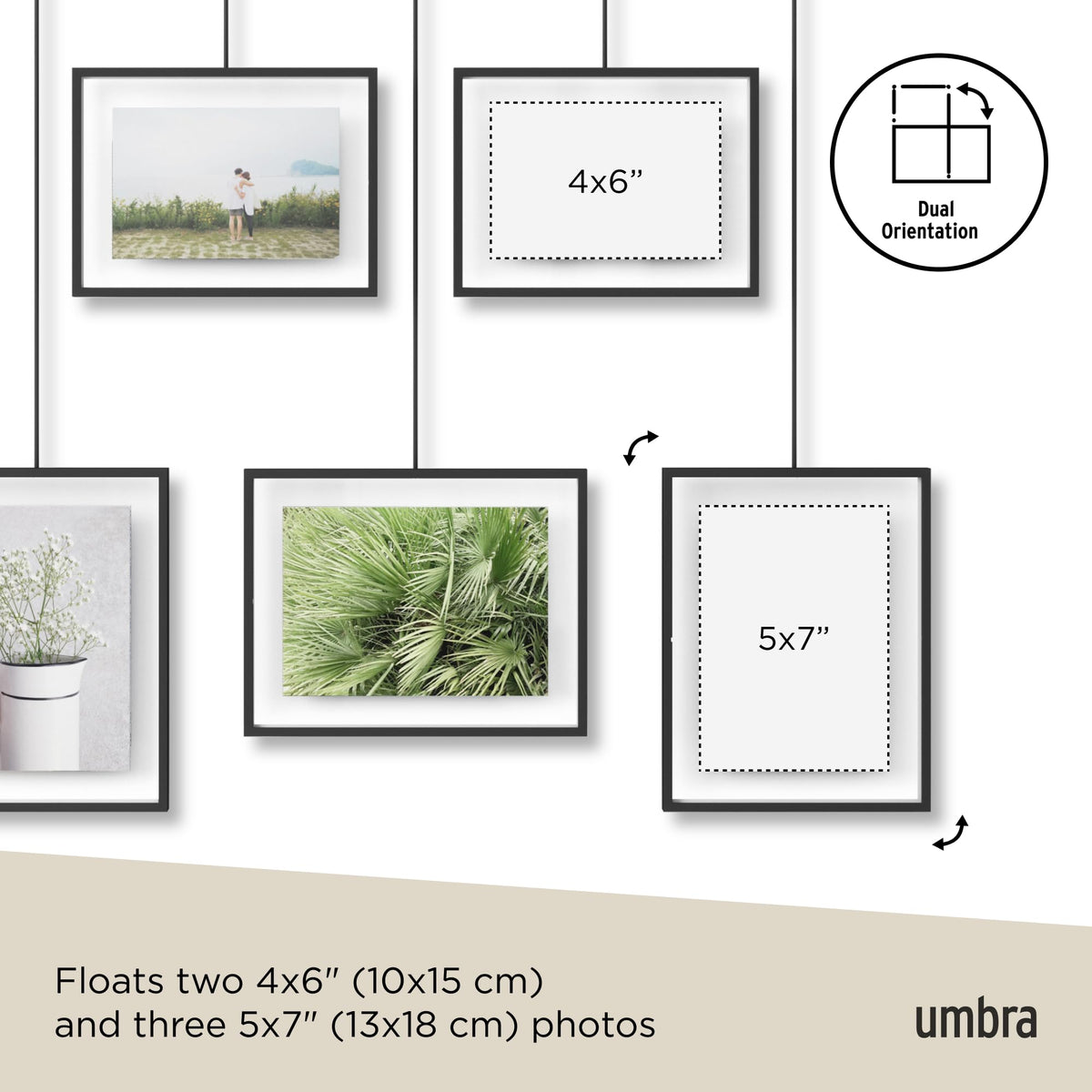 Umbra Exhibit Picture Frame Gallery Set, Adjustable Wall Collage Displays Five Photos (Two 4x6" and Three 5x7"), Set of 5, Black