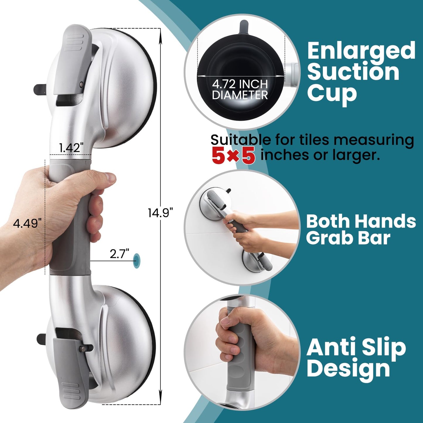 TAILI Grab Bars for Bathtubs and Showers,2 Pack Shower Handles for Elderly Suction,Shower Bar with Upgraded Rubber Suction Cups,Maximum 330lbs, Safety Grip for Senior, No Drilling Removable,Silver