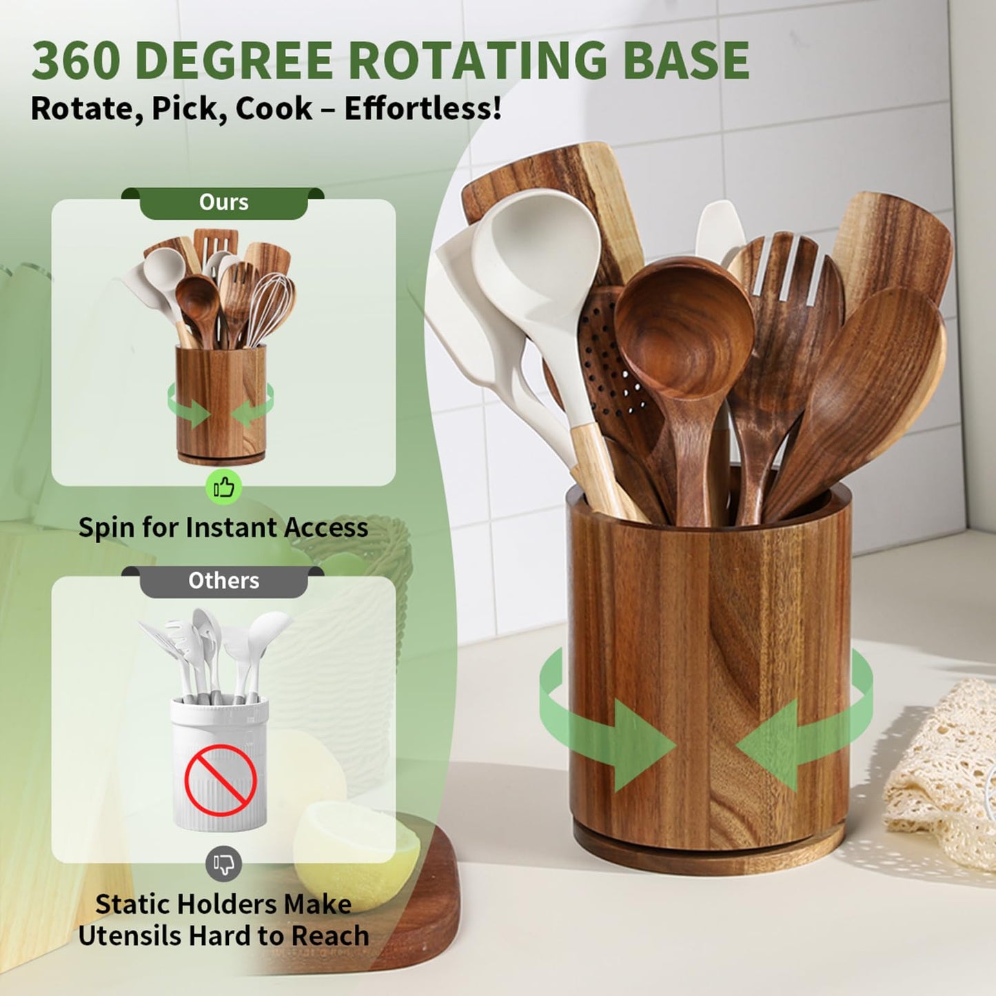 Wooden Utensil Holder, 360°Rotating 7.3'' Large Utensil Holder for Kitchen Counter, Kitchen Utensil Organizer, Cooking Utensil Crock, Farmhouse Kitchens Countertop Decor, Acacia Wood