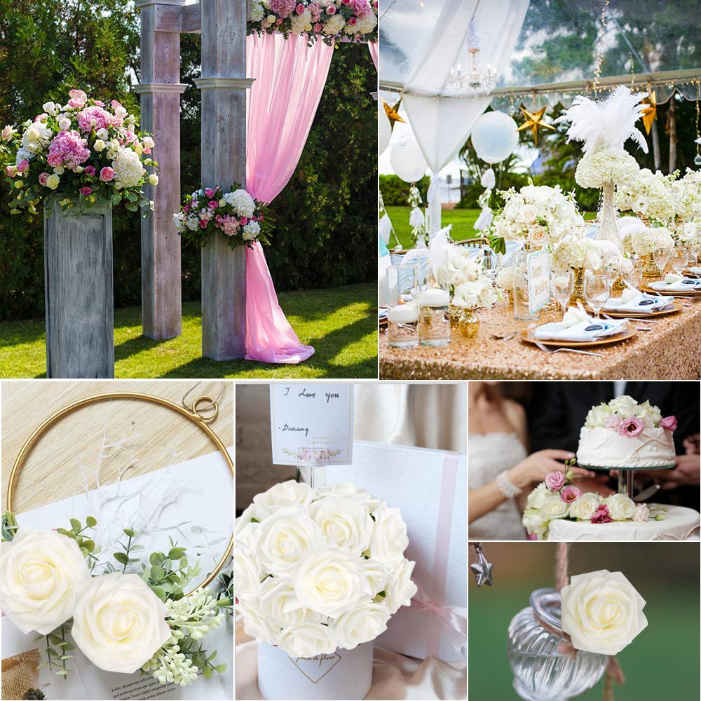 Mocoosy 50Pcs White Rose Artificial Flowers, Ivory Roses for Decorations, Real Touch Fake Rose with Stems Bulk DIY Wedding Bouquet Centerpiece Bridal Shower Floral Arrangement Party Home Table Decor
