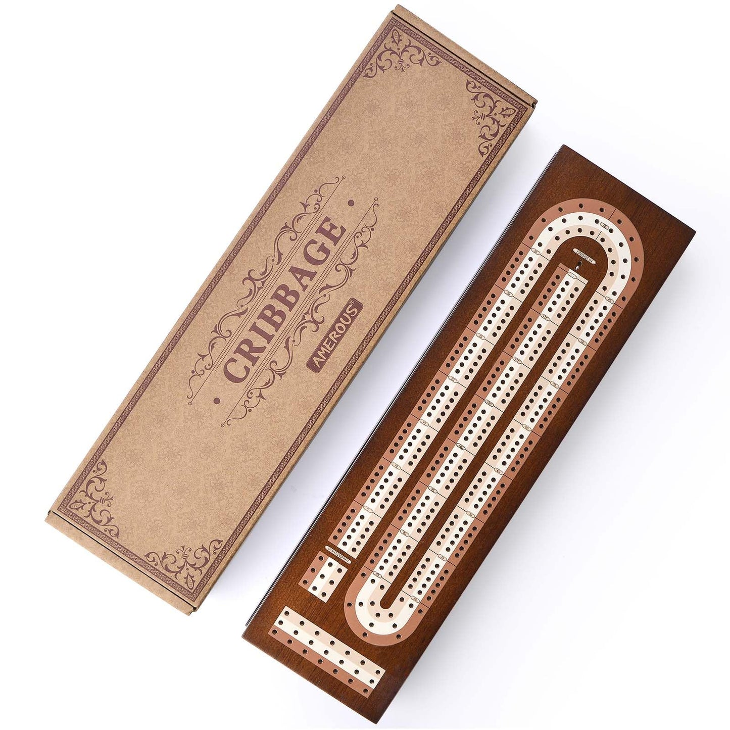 AMEROUS Wooden Cribbage Board Game Set with Magnetic Lock - Metal Pegs - 2 Playing Cards - Continuous 3 Track Board - Larger Storage Area - Instructions, Travel Portable Cribbage Game Sets for Family