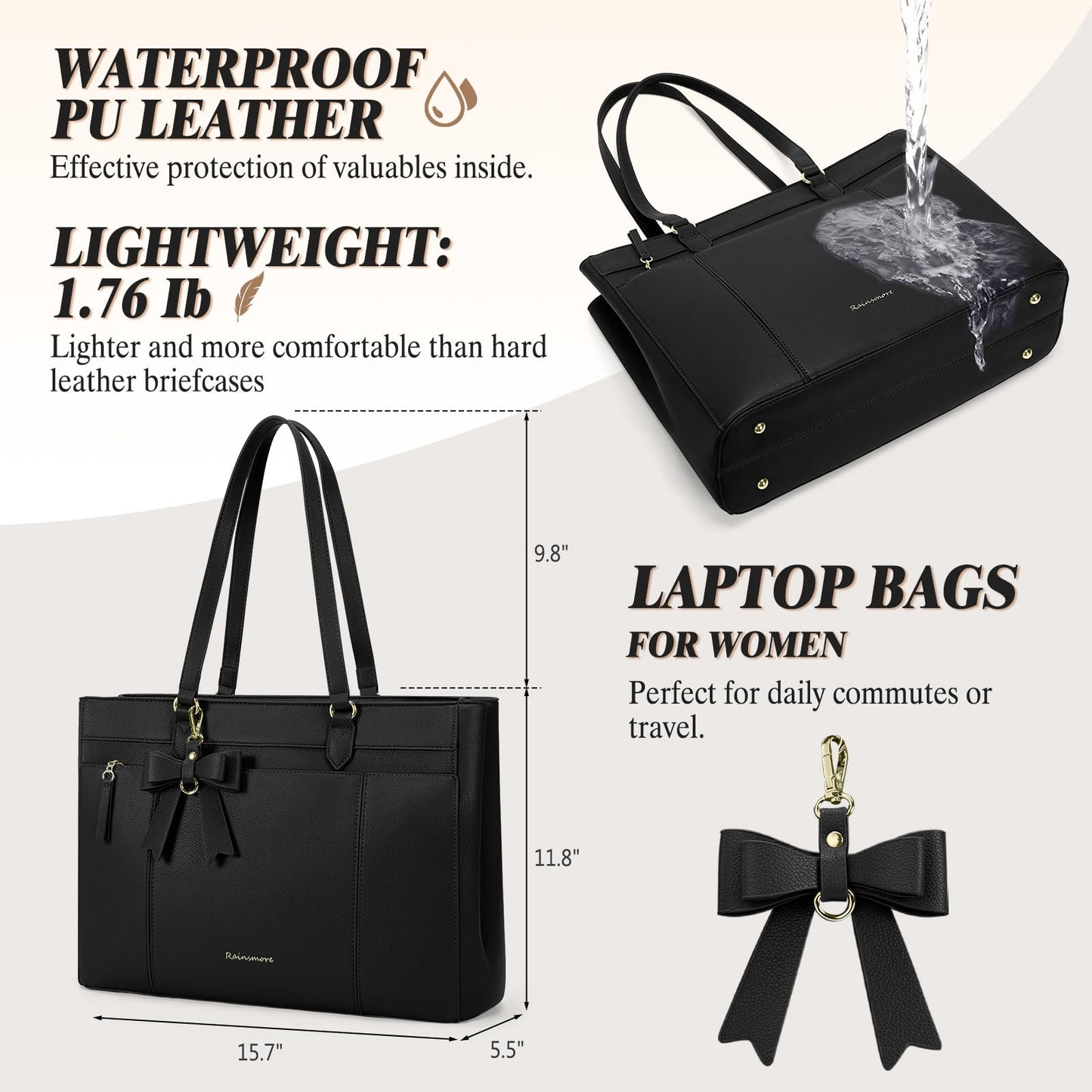 RAINSMORE Work Tote Bags for Women 15.6 Inch Laptop Bag Womens Waterproof PU Laptop Purse with Large Bow Laptop Briefcase for Office Computer Travel Shoulder Handbag, Black