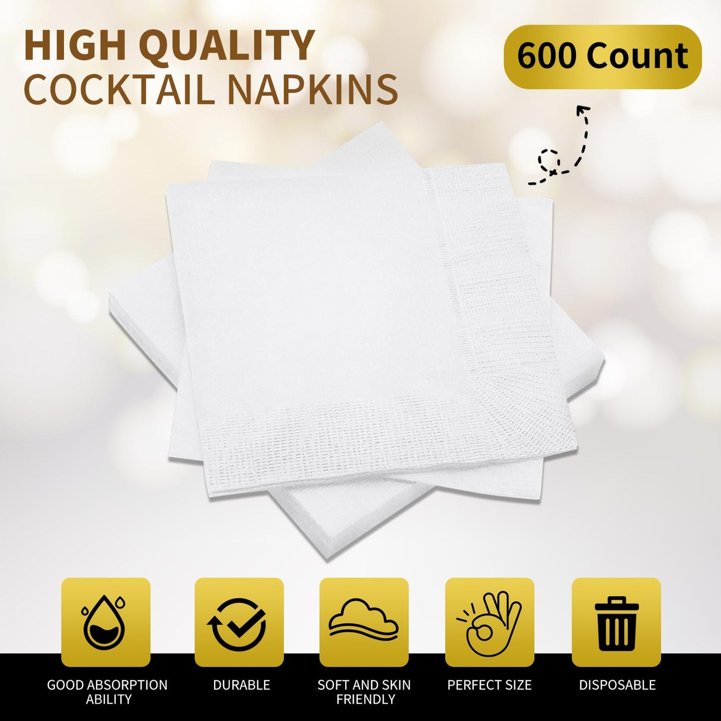 JOWLOT Cocktail Napkins - 600 Count 2-Ply White Napkins Disposable, 4.75 x 4.75 Inch Folded Paper Napkins Bulk Beverage Napkins for Dinner Wedding Bar Party and Everyday Use