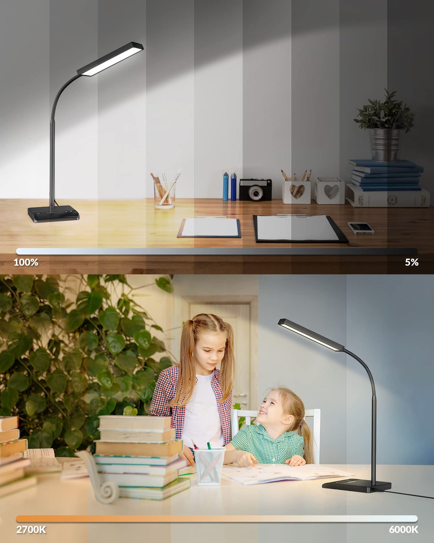 LEPOWER Upgrade LED Desk Lamp, 800LM Bright Table Lamps for Home Office, Eye-Caring Reading Lights for Desk, Touch Control Gooseneck Lamp, 50 Lighting Modes Reading Lamps for Bedroom Office(Black)