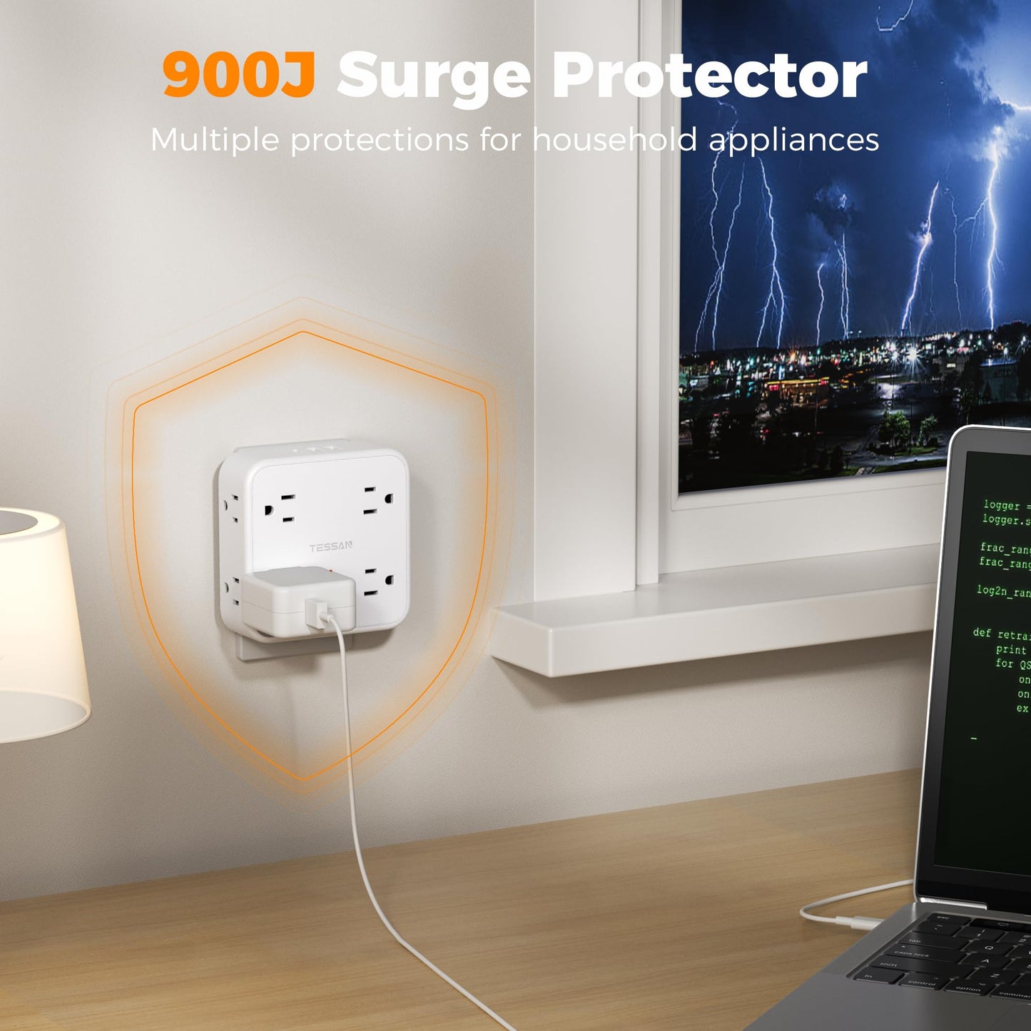 Multi Plug Outlet Extender, TESSAN 900J Surge Protector Plug Extension Block, 8 Outlet Splitter with 3 USB Ports (1 USB C), Electrical Socket for Home Office Dorm Room Essentials, White