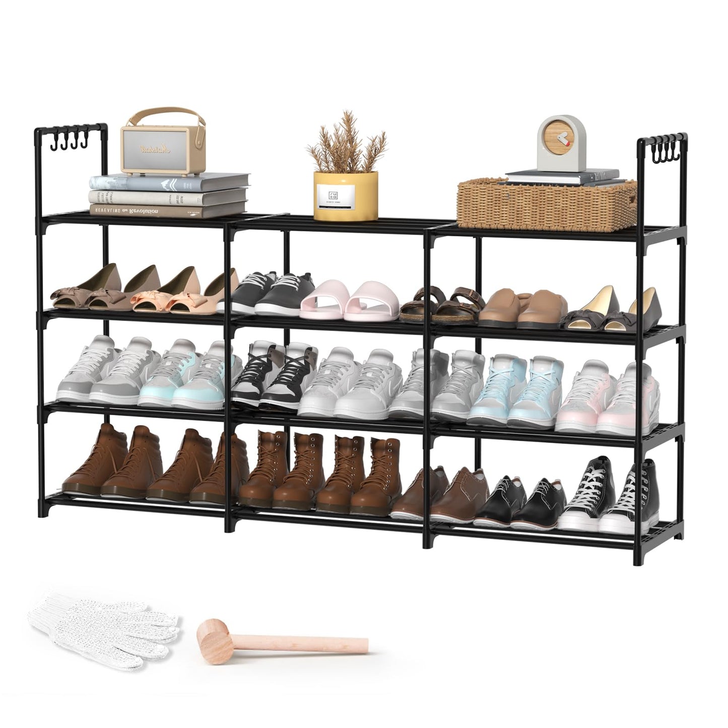 DYJIEKAI 3 Row 4 Tier Long Shoe Rack, Black Metal Stackable Shoe Shelf with Multifunctional Hooks, Shoe Storage Hold 24-30 Pairs, Space Saving Shoe Organizer for Closet,Wide Shoe Rack