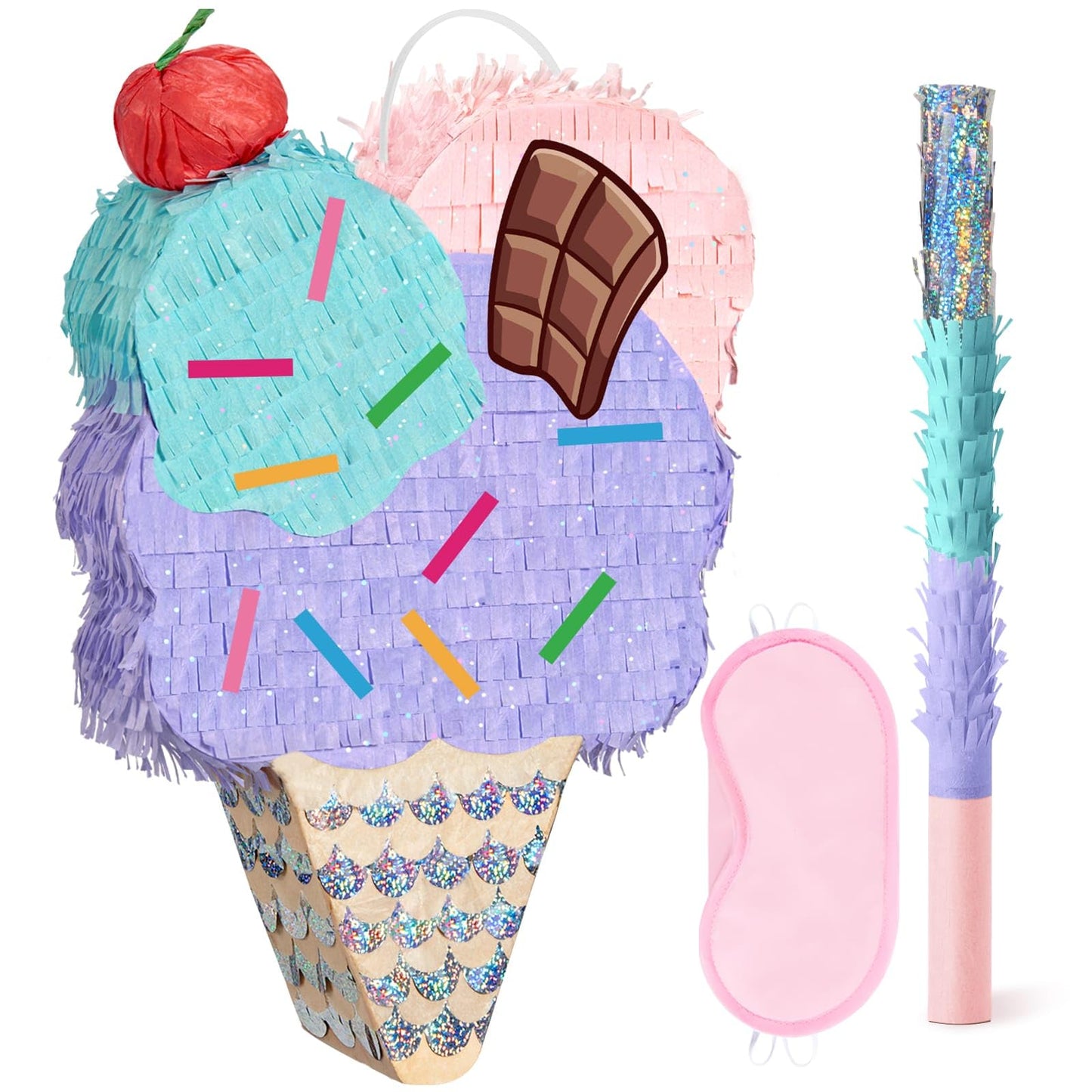 WERNNSAI Ice Cream Pinata - Sweet birthday Pinata with Blindfold and Stick for Summer Ice Cream Birthday Party Decoration Supplies Baby Shower Celebration Supplies