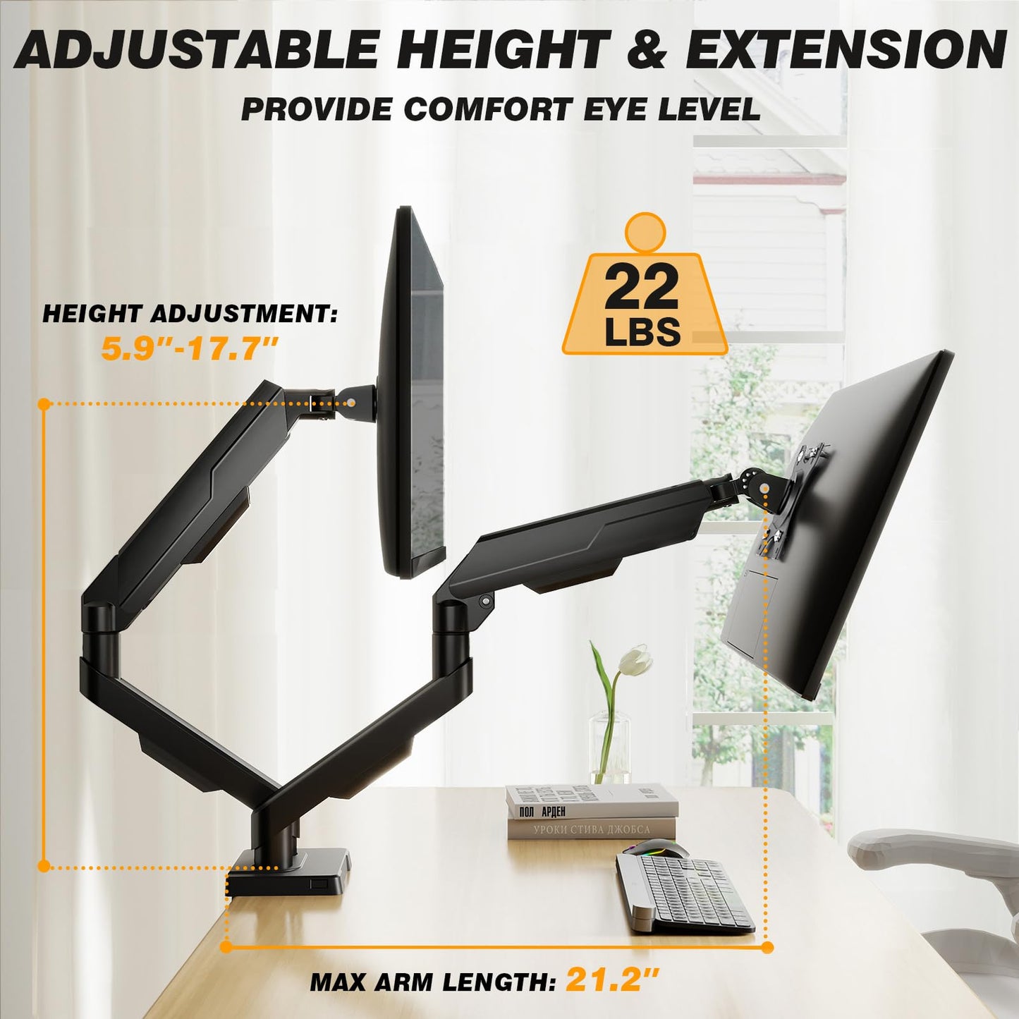 Dual Monitor Stand - Adjustable Dual Arm Mount for 17-35 Inch Screens, Ergonomic VESA Mount with C Clamp/Grommet Base, Each Arm Holds up to 22lbs, Black