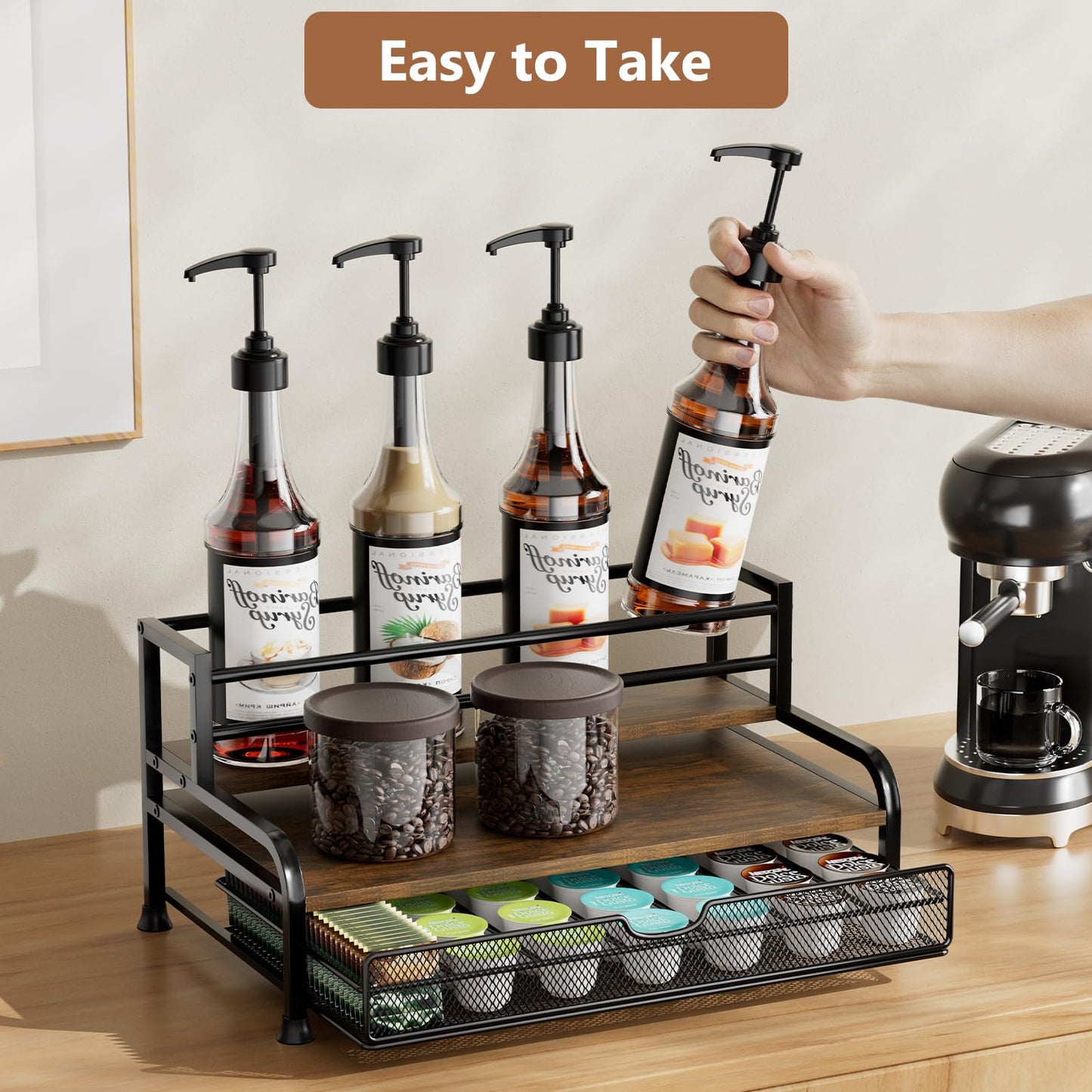 Coffee Syrup Rack Organizer, 3-Tier 8 Bottles Syrup Rack with 35 K Cup Storage Basket Coffee Bar, Countertop Bottle Holder Stand for Wine, Dressing for Kitchen Cafe Station