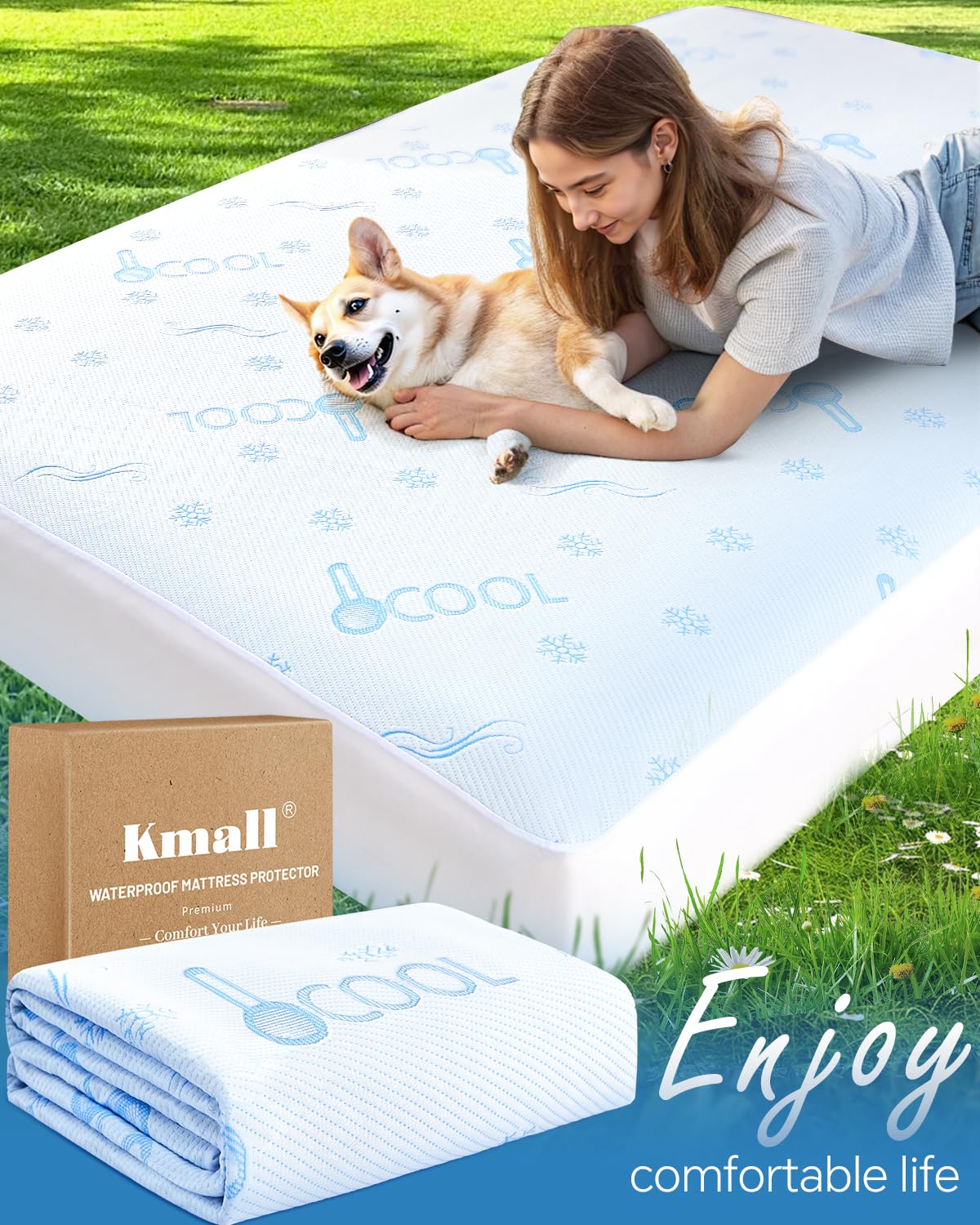 Kmall Premium Cooling Queen Size Mattress Protector - 100% Waterproof & Breathable Cool 3D Air Fabric Bed Mattress Cover, Soft Noiseless Mattress Pad for 8"-21" Deep Pocket, Machine Washable (White)