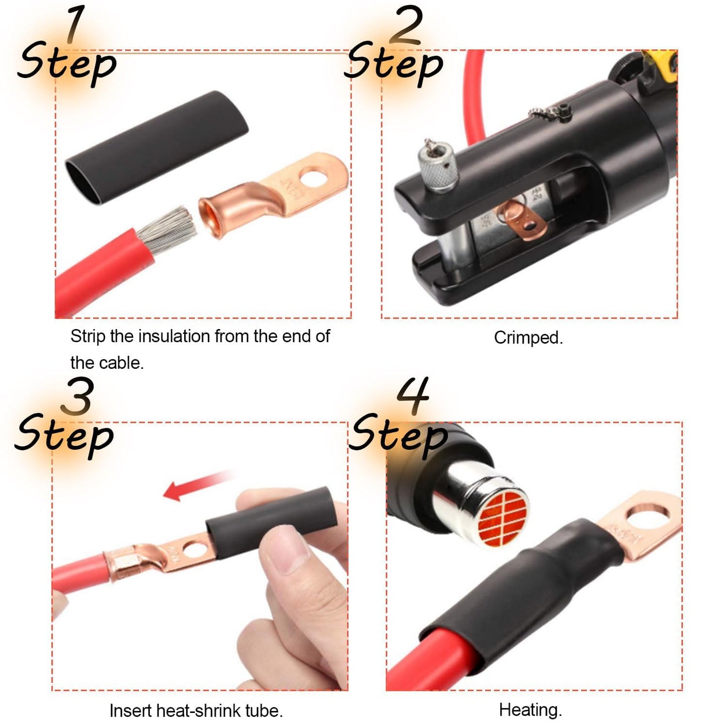 16Pcs 4/0 AWG 5/16" Stud Heavy Duty Copper Wire Lugs with 16Pcs 3:1 Black & Red Heat Shrink Tubing 4/0 Gauge Copper Battery Cable Ends Eyelets Tubular Ring Terminal