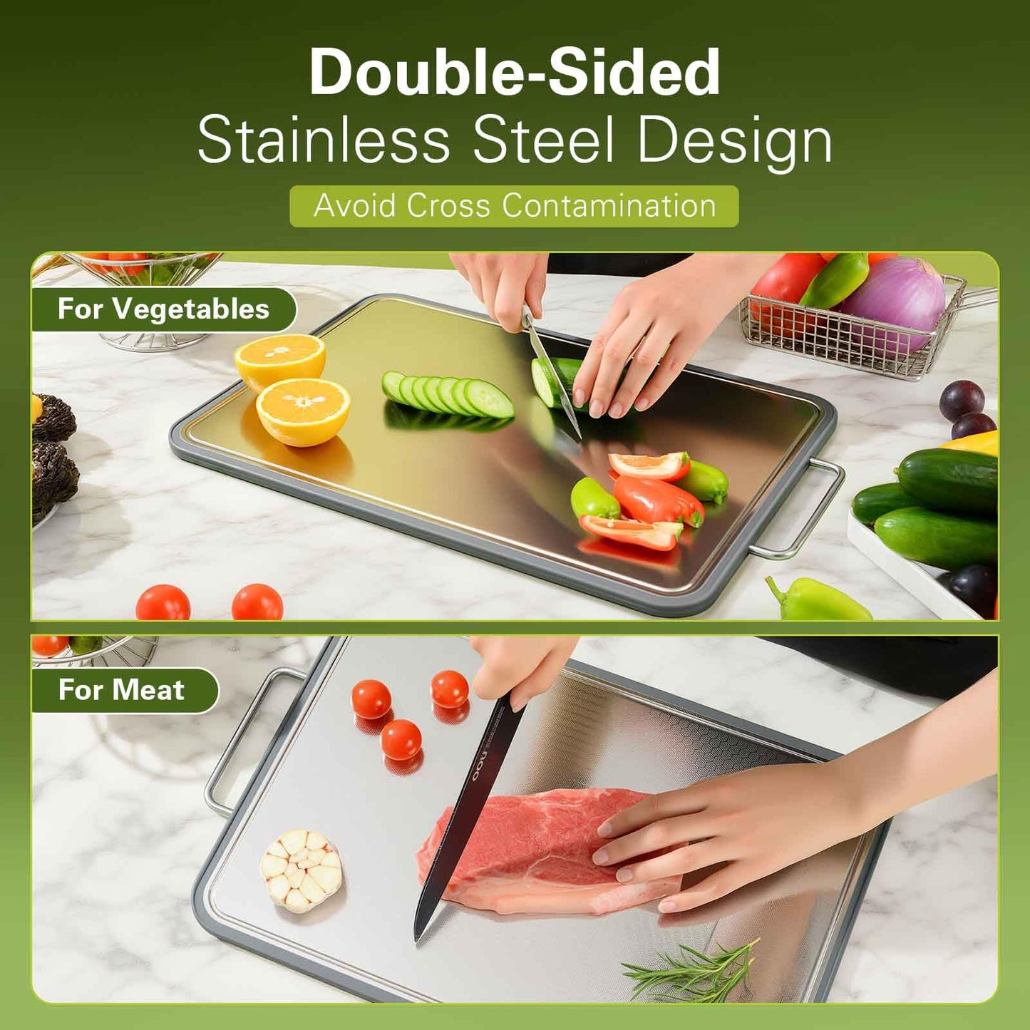 Double-Sided Stainless Steel Cutting Board for Kitchen, 16''×11'' Scratch-Resistant Cutting Board for Meat, Vegetables & Fruits, Rust-Resistant Chopping Board with Juice Groove on Both Sides