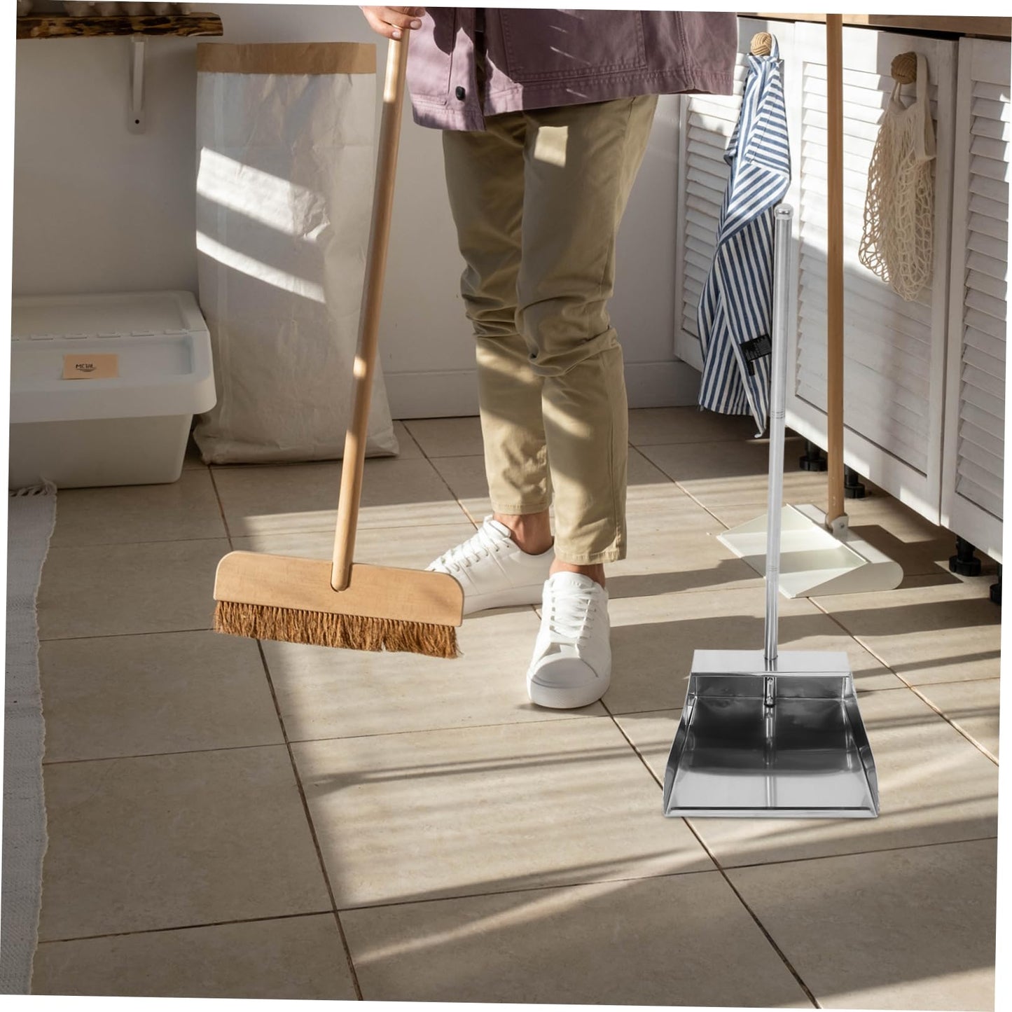 Mobestech Stainless Steel Dustpan with Long Handle No Bent Over Garbage Shovel Upright Home Cleaning Dust Pans 27.16In Large Capacity