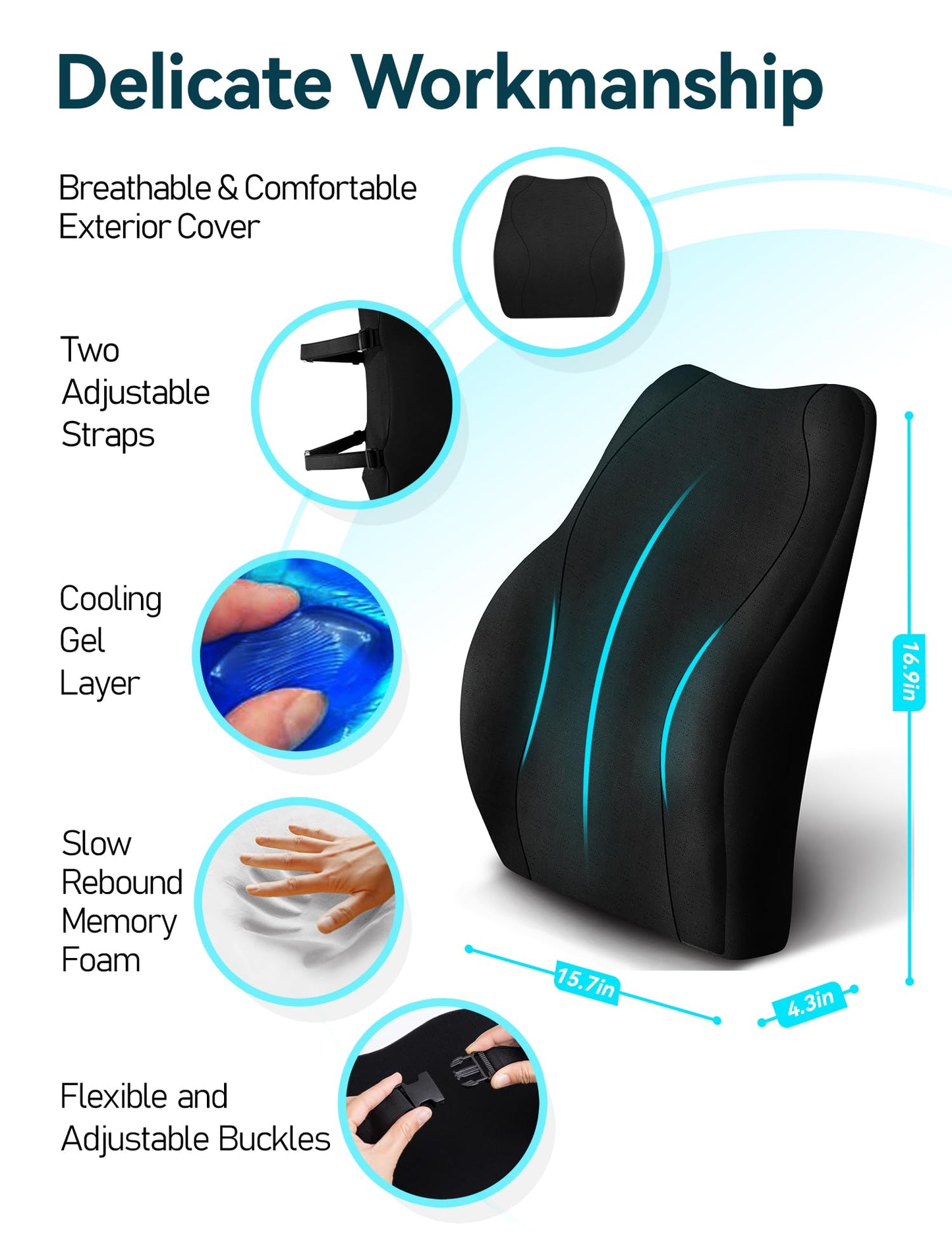 TRAVEL EASE Ergonomic Lumbar Support Cushion, Gel and Memory Foam Back Support Cushion for Office Chairs with Skin-Friendly Cover for Comfort (Black)