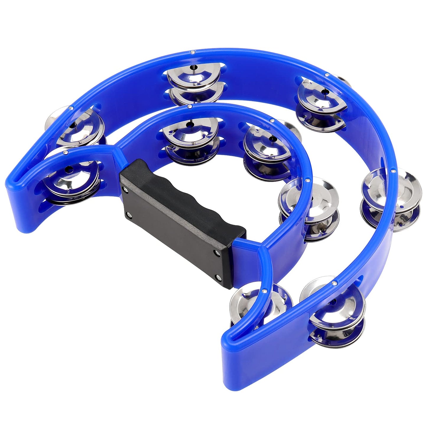 KOHAND 6 Pack 9 Inch Half Moon Tambourine with Double Row Metal Jingles, Handheld Percussion Instrument for Adults, Church KTV Party, Black Blue Magenta