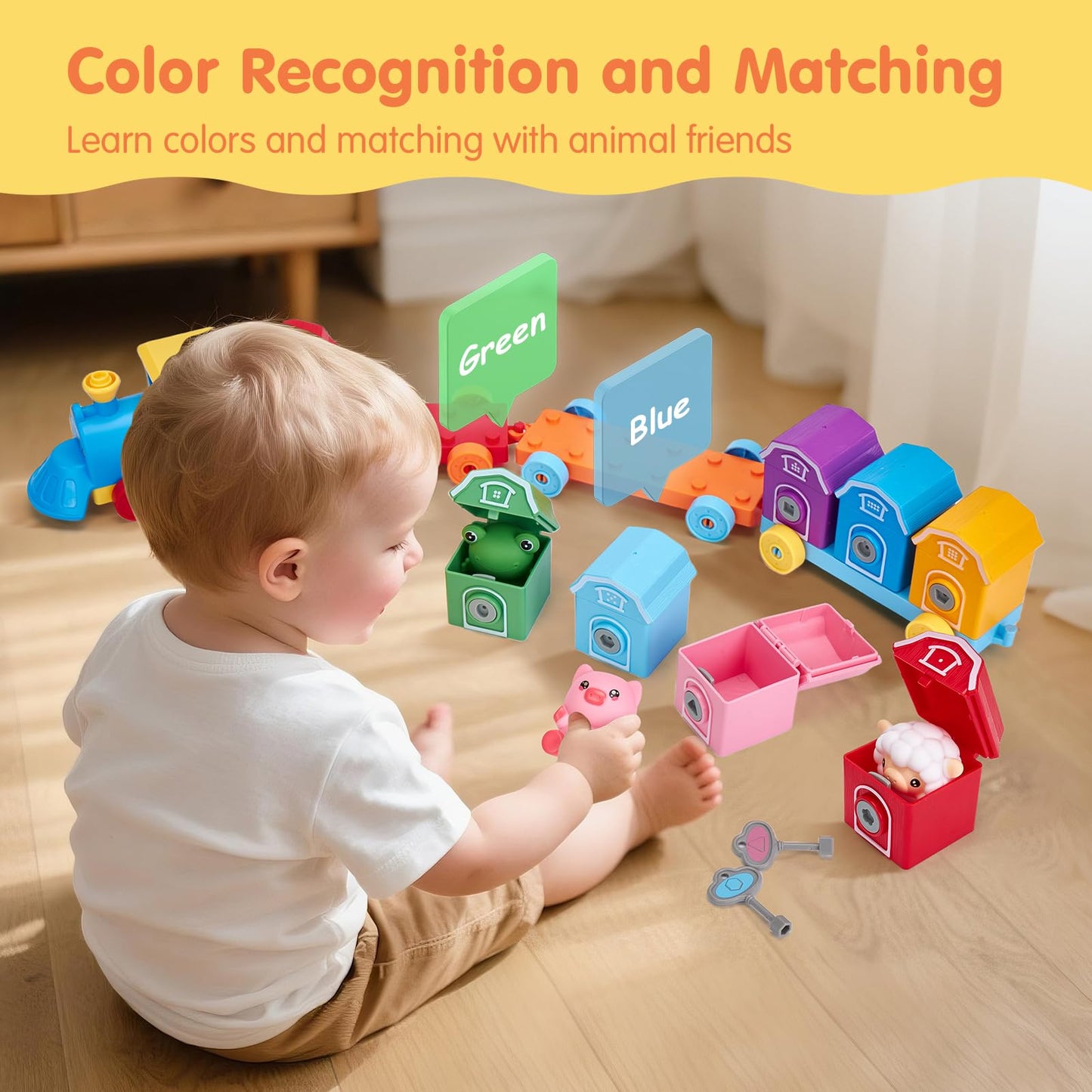 hahaland Toddler Learning Farm Train Set for Toddlers 1-3 Years - Counting Matching & Sorting Montessori Toys, Finger Puppets, Keys to Lock and Unlock Barns Birthday for Baby Boys Girls