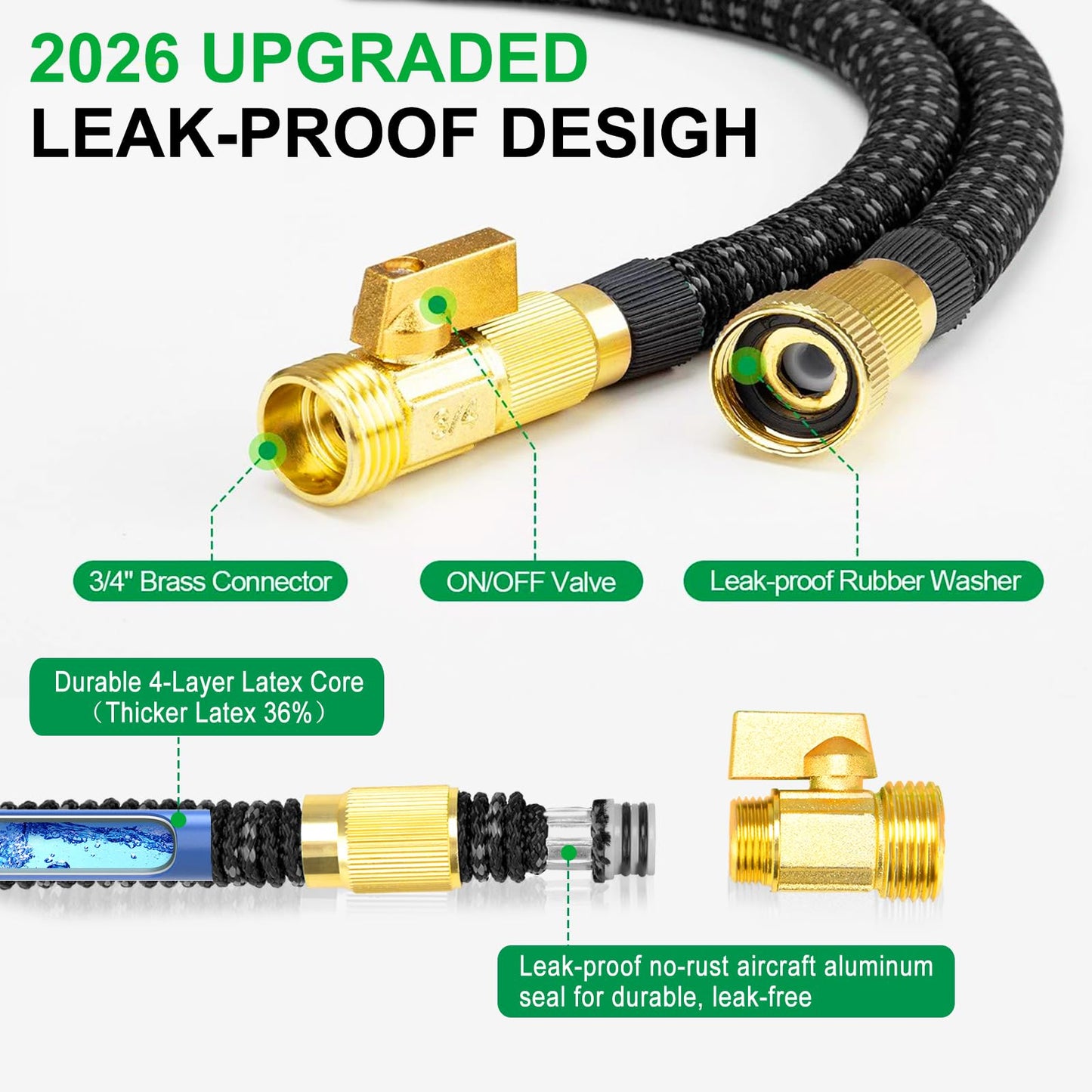 150FT Expandable Garden Hose with 10-Function Nozzle, 4-Layer Latex & 3750D Fabric, Extra Long Flexible No-Kink Water Hose with Solid Brass 3/4” Fittings for Large Yard Lawn Garden & Vehicle Cleaning