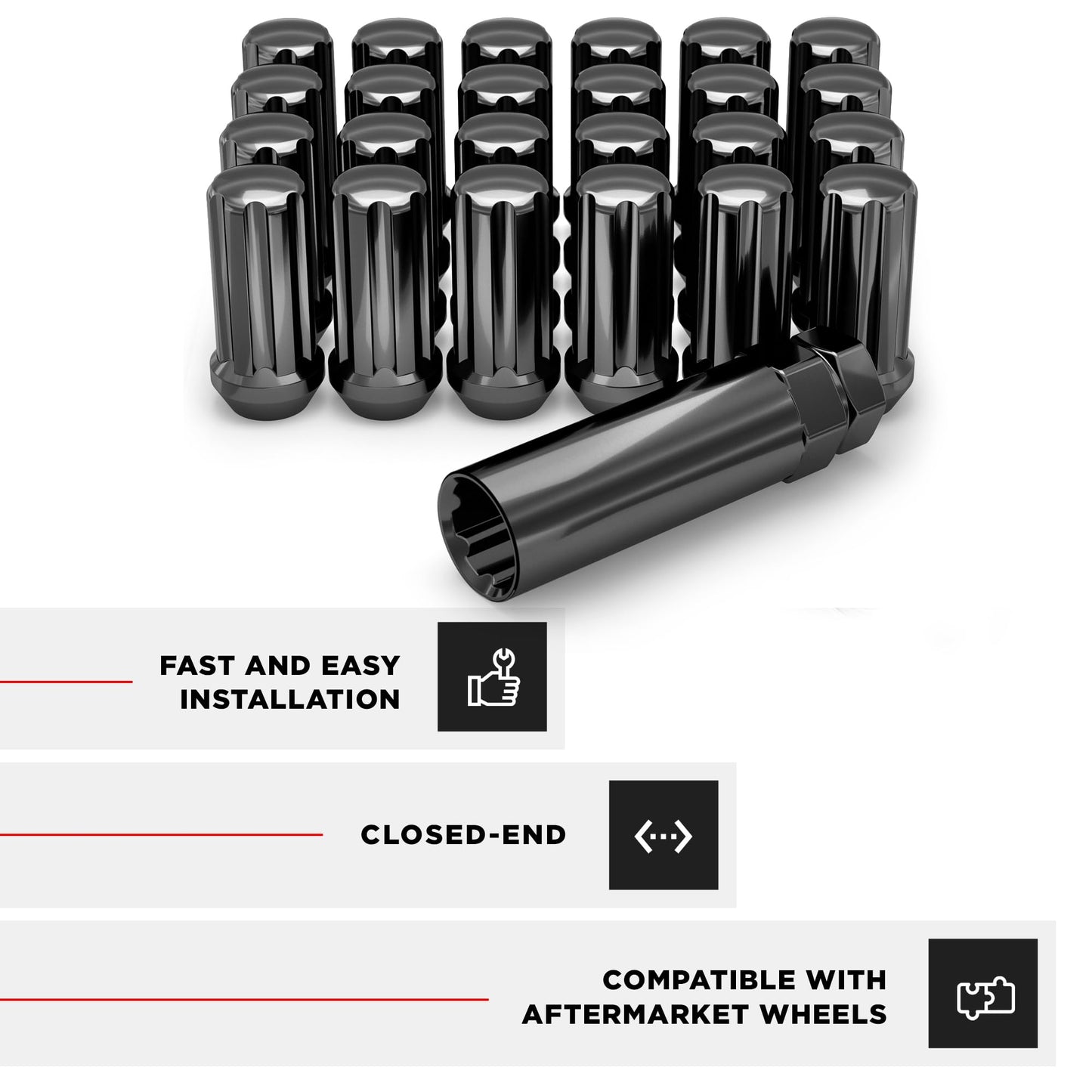 White Knight M14x1.50 (Black Chrome) Duplex 7 Spline Lug Nuts with Key (for Aftermarket Wheels), EZ Installation, Durable Carbon Steel with Stylish Black Chrome Finish, 3809LBK-24AM (24 Pack)