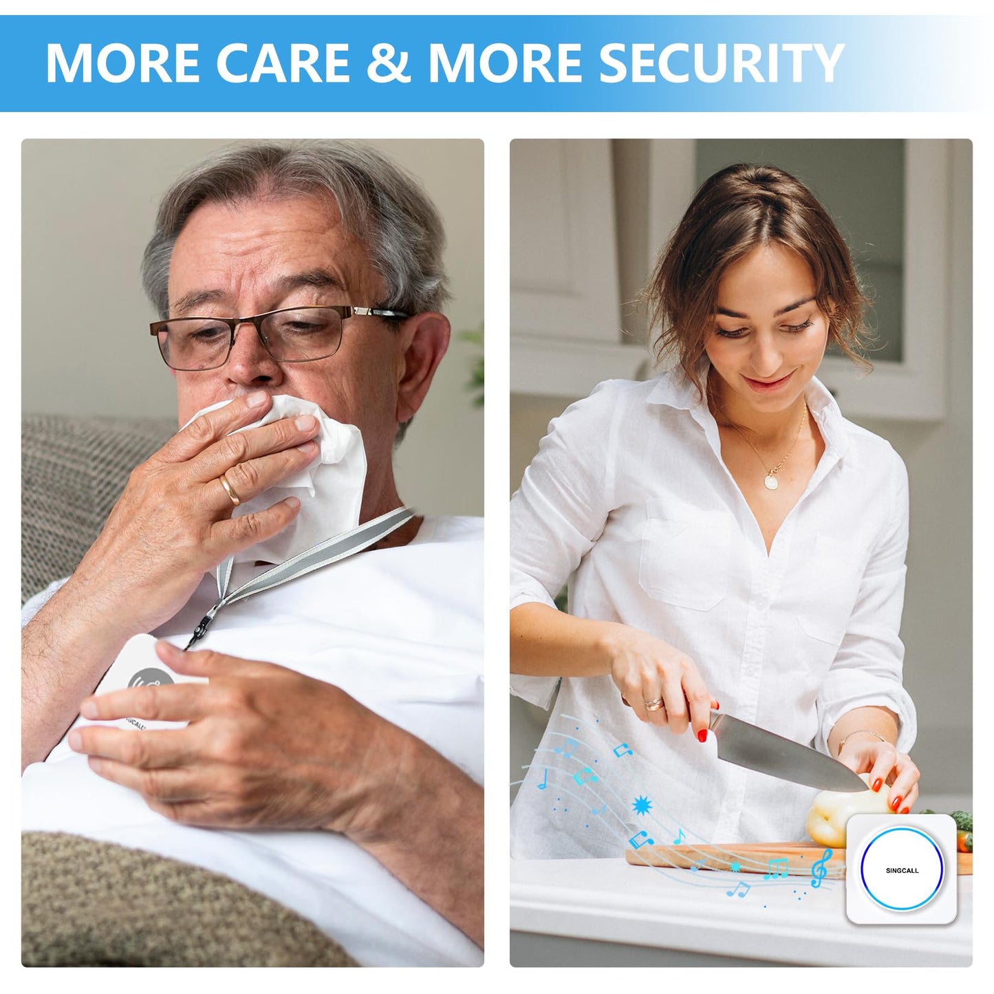 SINGCALL Wireless Portable Caregiver Pager Panic Alarm System Personal Alarm for Elderly/Kids/Pregnant/Patients 32 Chimes & 0-100dB Volume 1 Rechargeable Portable Receiver+ 2 Emergency Call Buttons