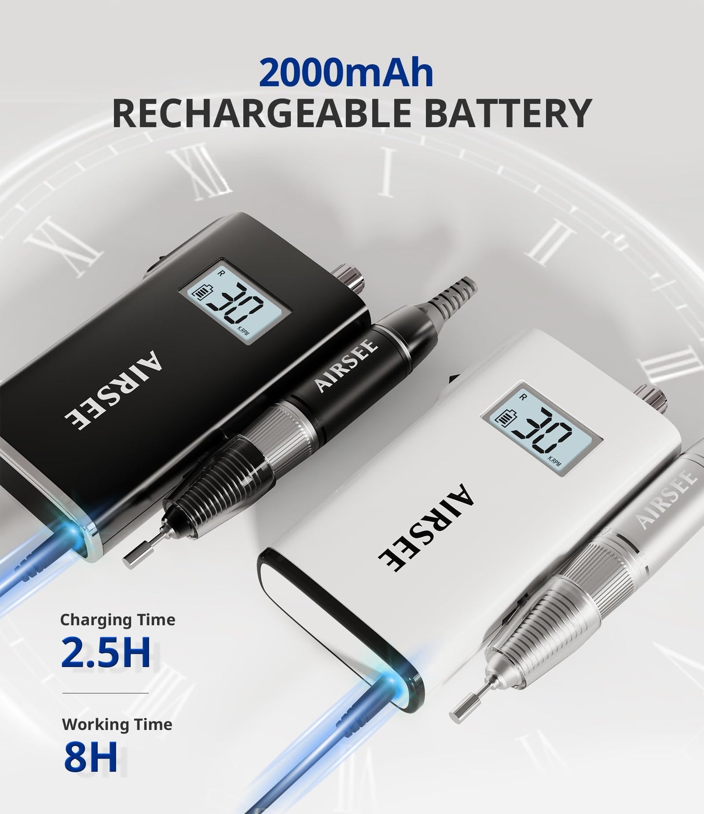 AIRSEE Rechargeable 30000RPM Electric Nail Drill Professional Portable E File Machine for Acrylic Nails Natural Extension Gel Nails Polish Cuticle, Cordless High Speed for Salon Use or Home DIY White