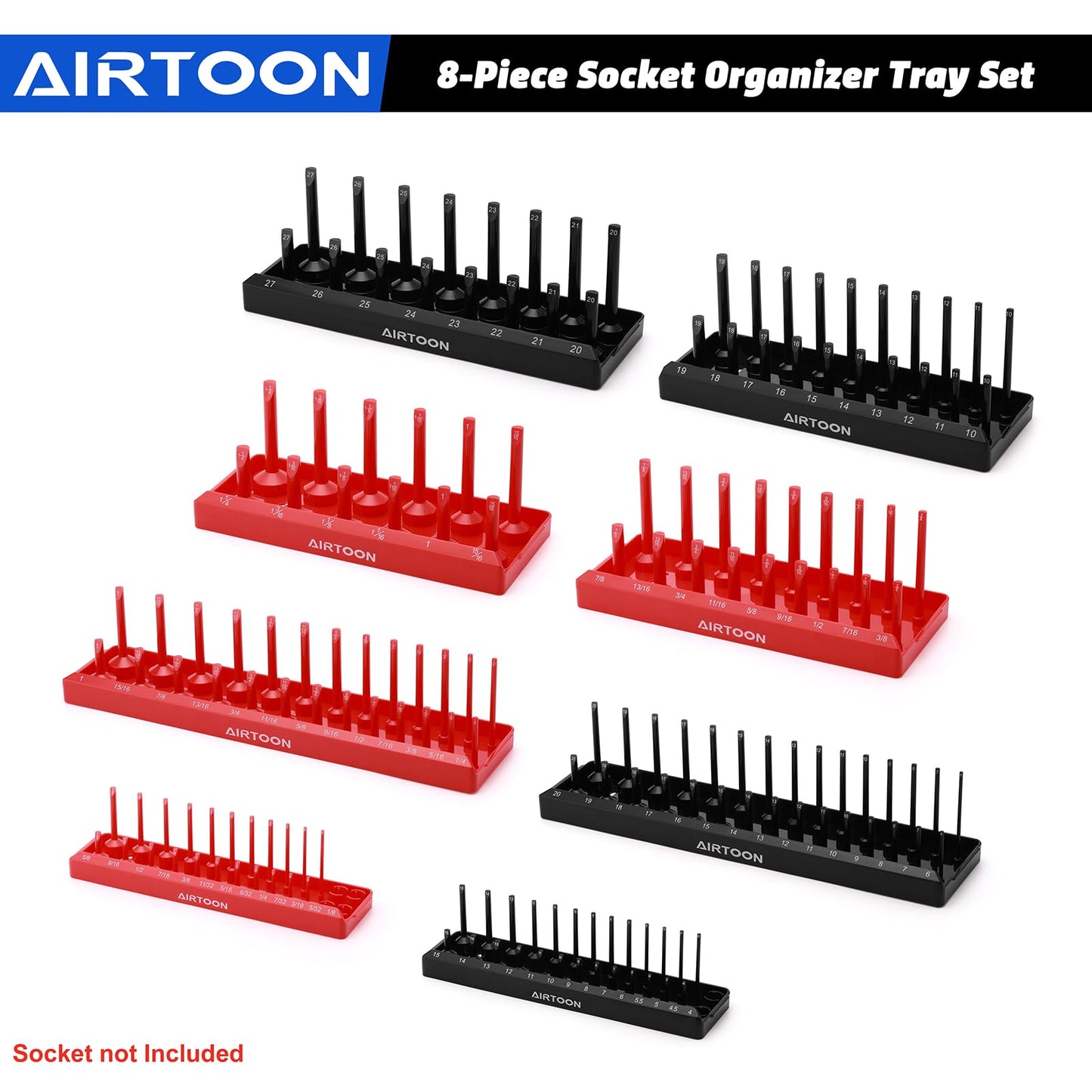 AIRTOON 8-Piece Socket Organizer Trays, SAE and Metric Socket Tray Set, 1/4", 3/8", and 1/2" Drive Deep and Standard Socket Holders Organizers for Toolbox, Black & Red