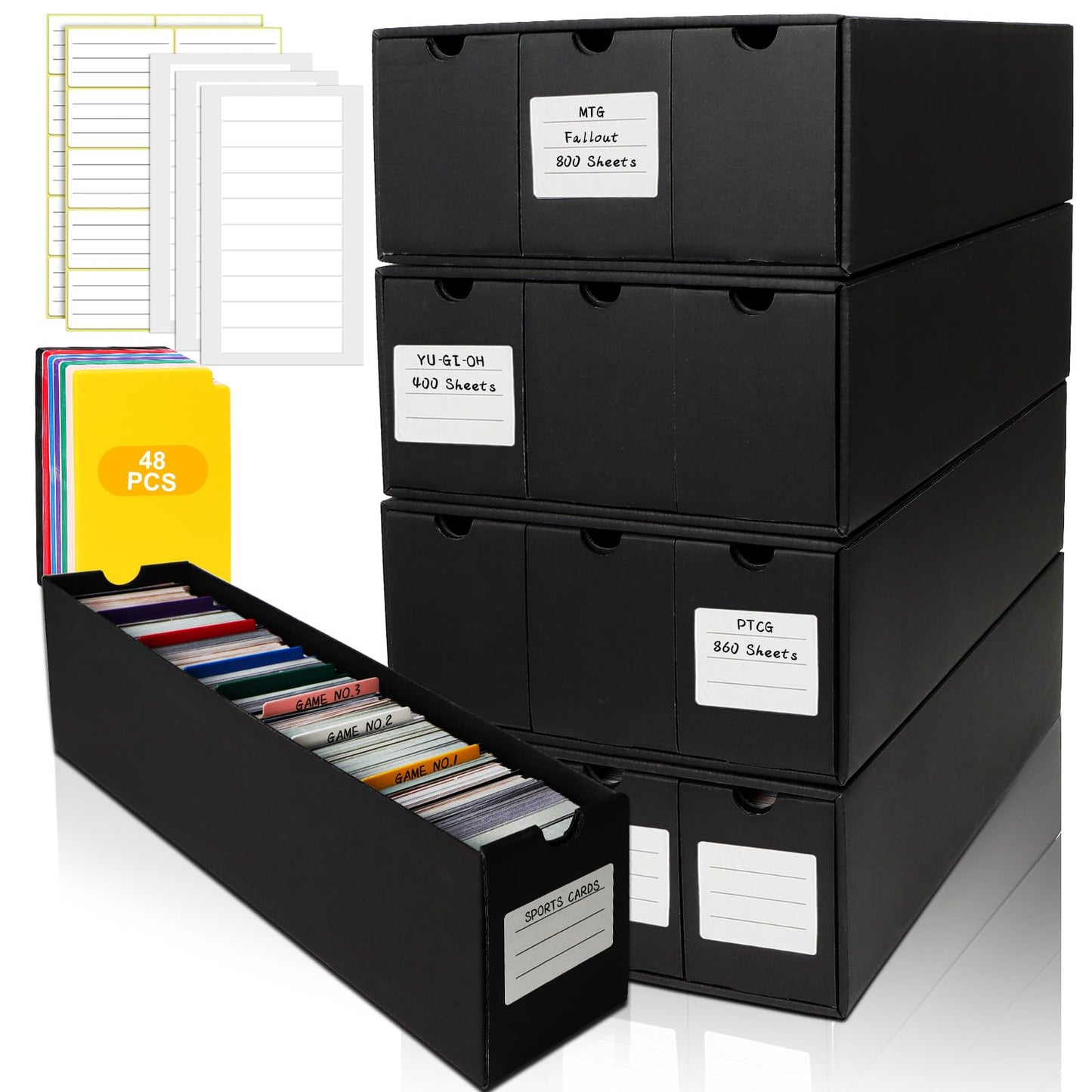 QLOUNI Trading Card Storage Box, Includes 12-600 CT Boxes & 48 Card Dividers, 12000+ Trading Card Organizer for Collectible Games, for TCG, YuGiOh, MTG, PTCG (12-600 CT Boxes)