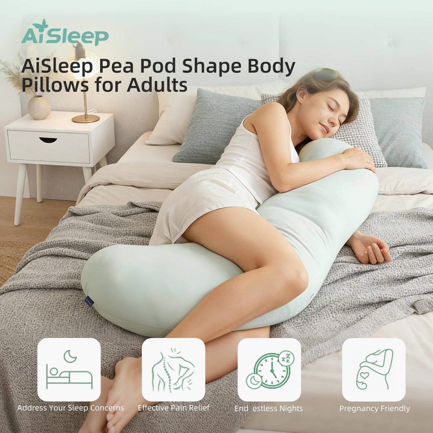 AISLEEP Body Pillow for Adults, Full Body Pillow for Side Sleepers, Long Bed Pillow, Memory Foam Firm Pillow, Pea Pod Shape Long Pillow for Pregnancy Sleeping Full Body Support