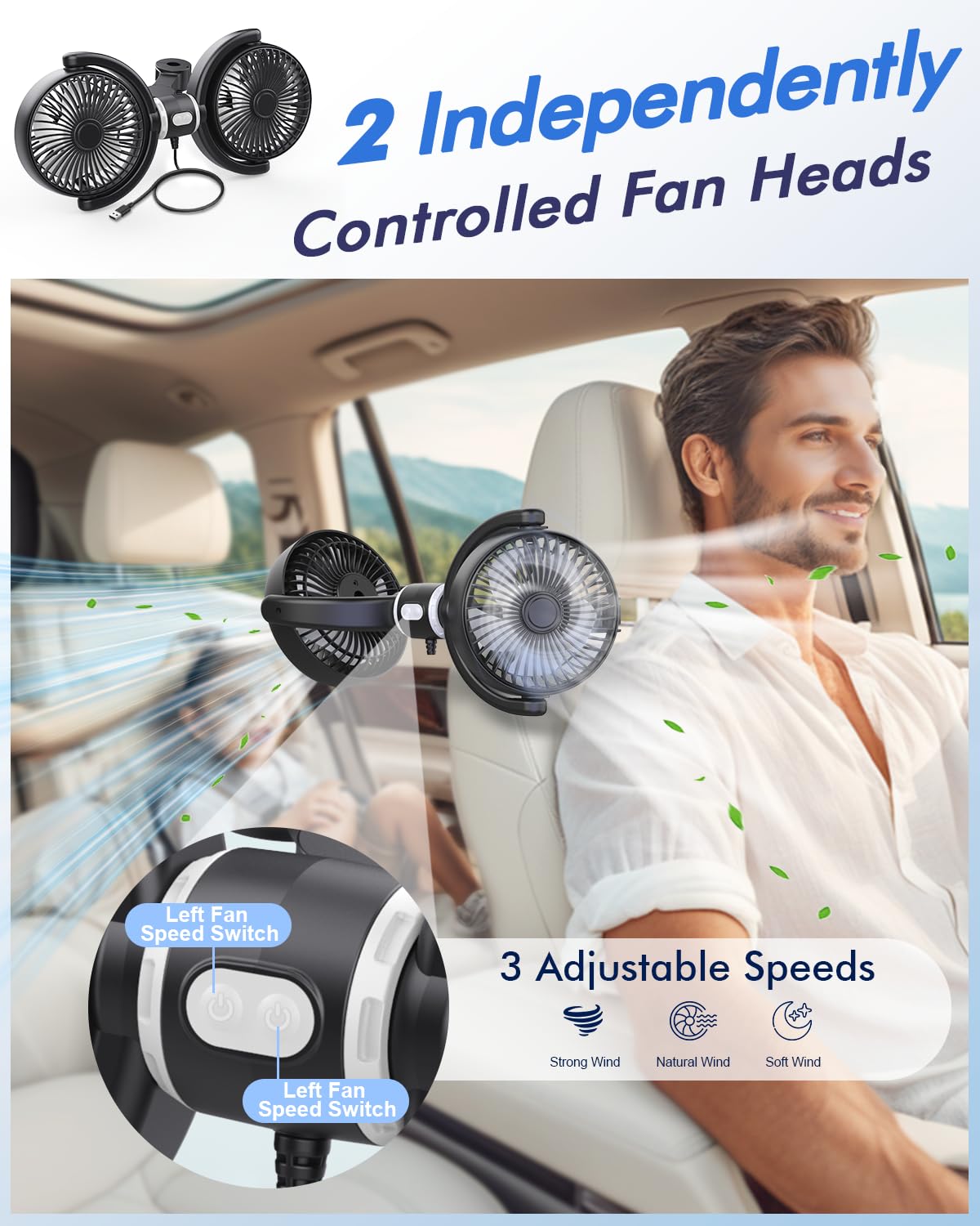 Dual Head Car Fan for Backseat: USB Powered Car Cooling Fans for Baby 3 Speeds 360°Rotatable Quiet Vehicle Rear Seat Headrest Fans 5V for Sedan SUV RV Truck (Black+Grey)