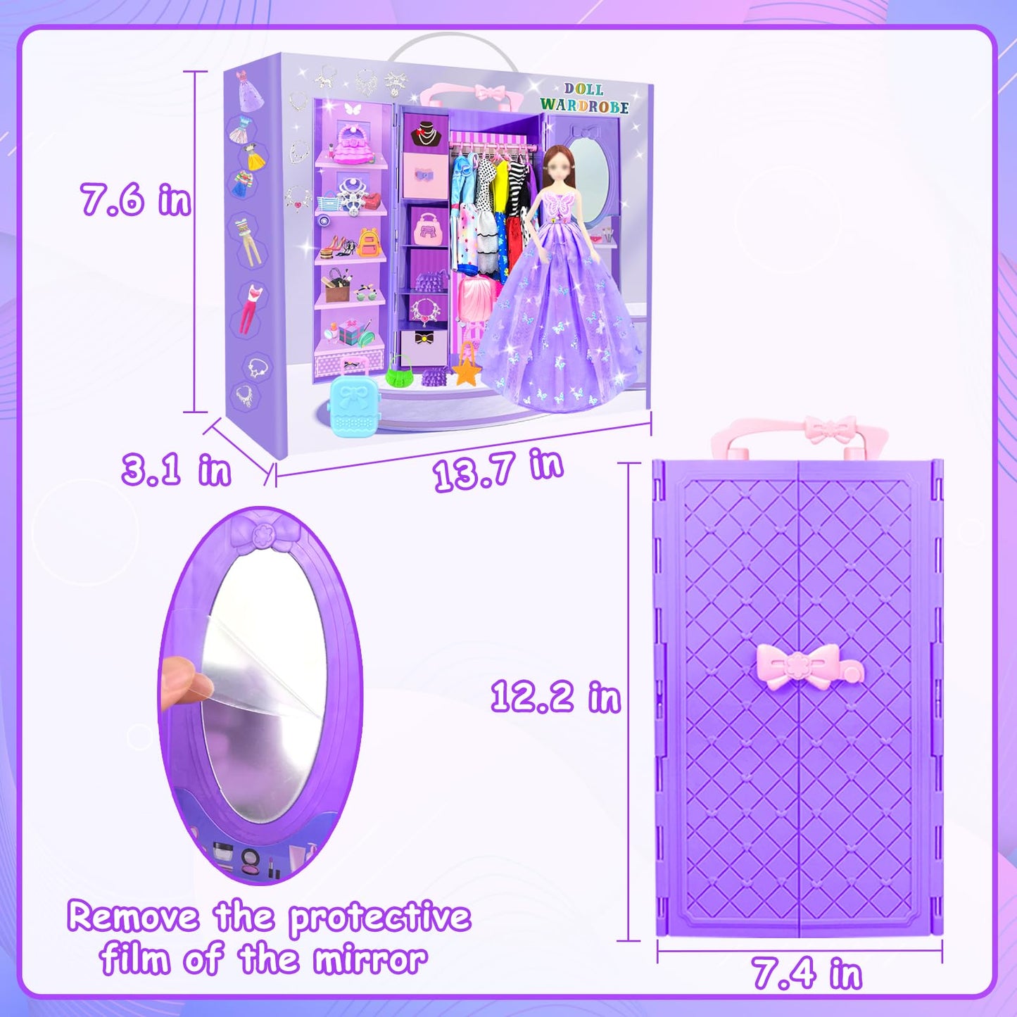 75Pcs Doll Clothes and Accessories with Doll Closet for 11.5 Inch Doll Dress up Set with 1 Doll Fashion Dresses Outfits Tops and Pants Rack Bags Gift Toy for Girls 4 5 6 7 8 9 10 Years