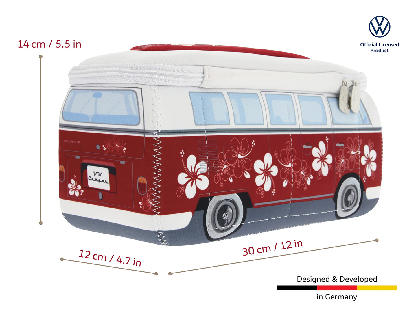 BRISA VW Collection - Volkswagen Neoprene Universal Makeup Cosmetics Toiletry Travel Pharmacy Bag in T1 Bus Design (Hibiscus/Red) (Large (30 x 14 x 12 cm))