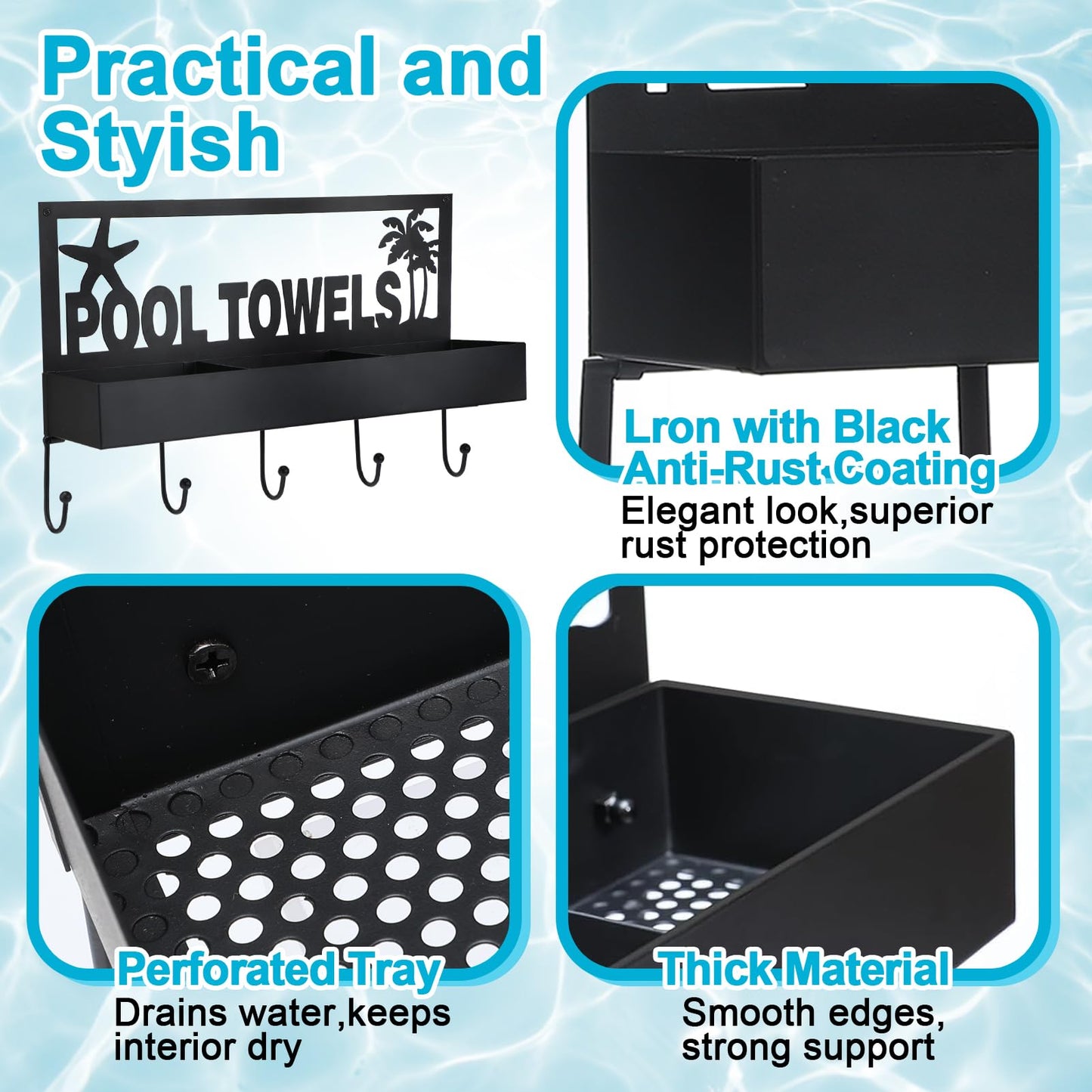 Pool Towel Rack - 2-in-1 Outdoor Poolside Beach Washcloth Drying Rack Holder, Wall Mounted Metal Hooks Decor for Bath Towel Storage, Robe Swimsuit, Coat, Bags, Phone, Keys - Black