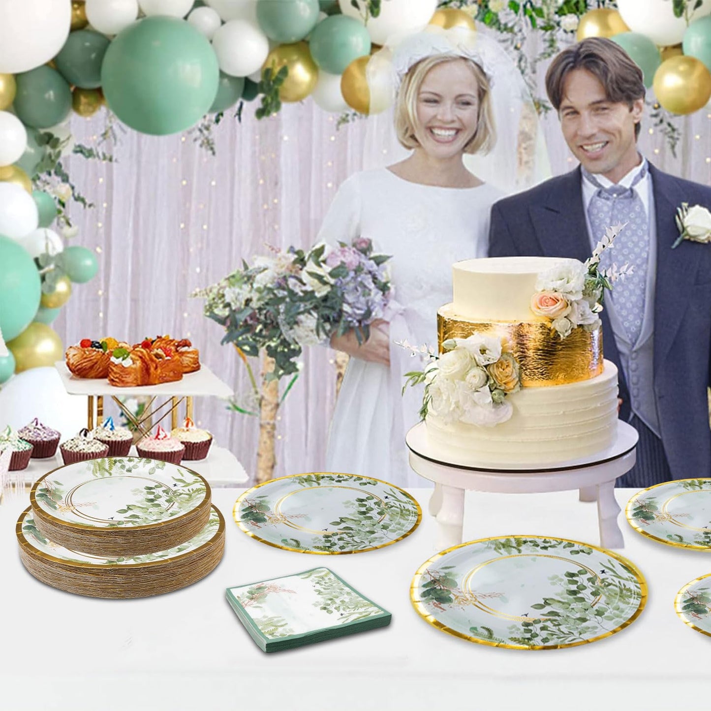 200 Pack Sage Green Plates and Napkins Party Supplies, Disposable Tableware Set, Eucalyptus Plates, Cups, Napkins for Wedding Bridal Baby Shower Birthday Party