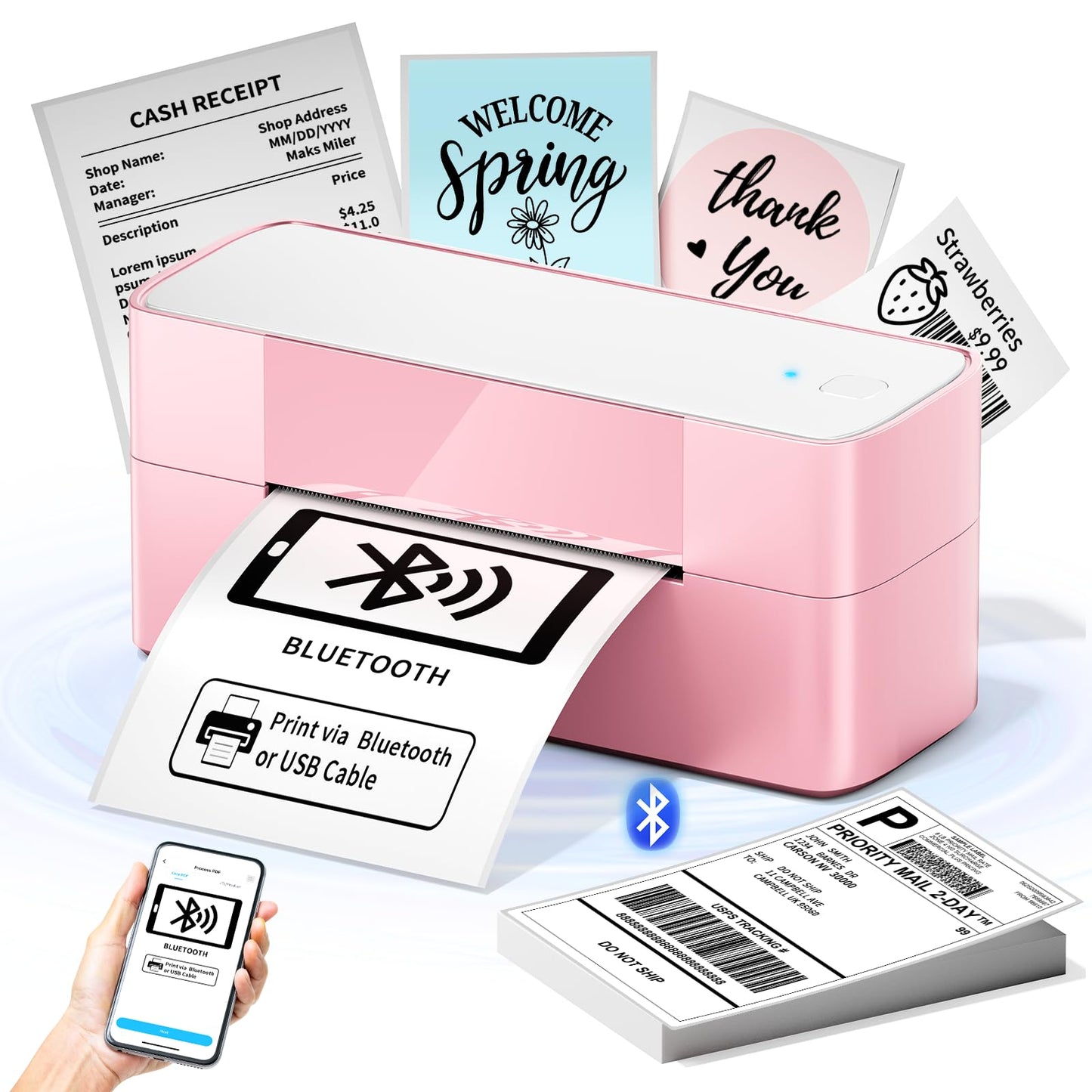 Bluetooth Thermal Label Printer Pink, Wireless Shipping Label Printer 4x6 for Small Business & Shipping Package, Desktop Label Printer, Compatible with macOS, Canada Post, Amazon, Shopify, Etsy