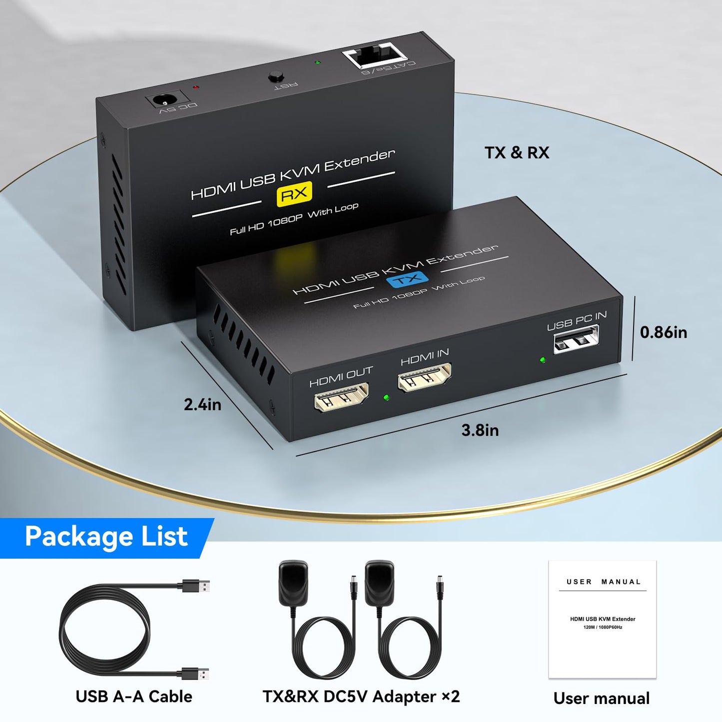 120M 394ft HDMI KVM USB Extender Over Cat 5e 6 71080P Ethernet Balun Transmitter Receiver with Loop Out Function Plug Play for Mouse and Keyboard Control