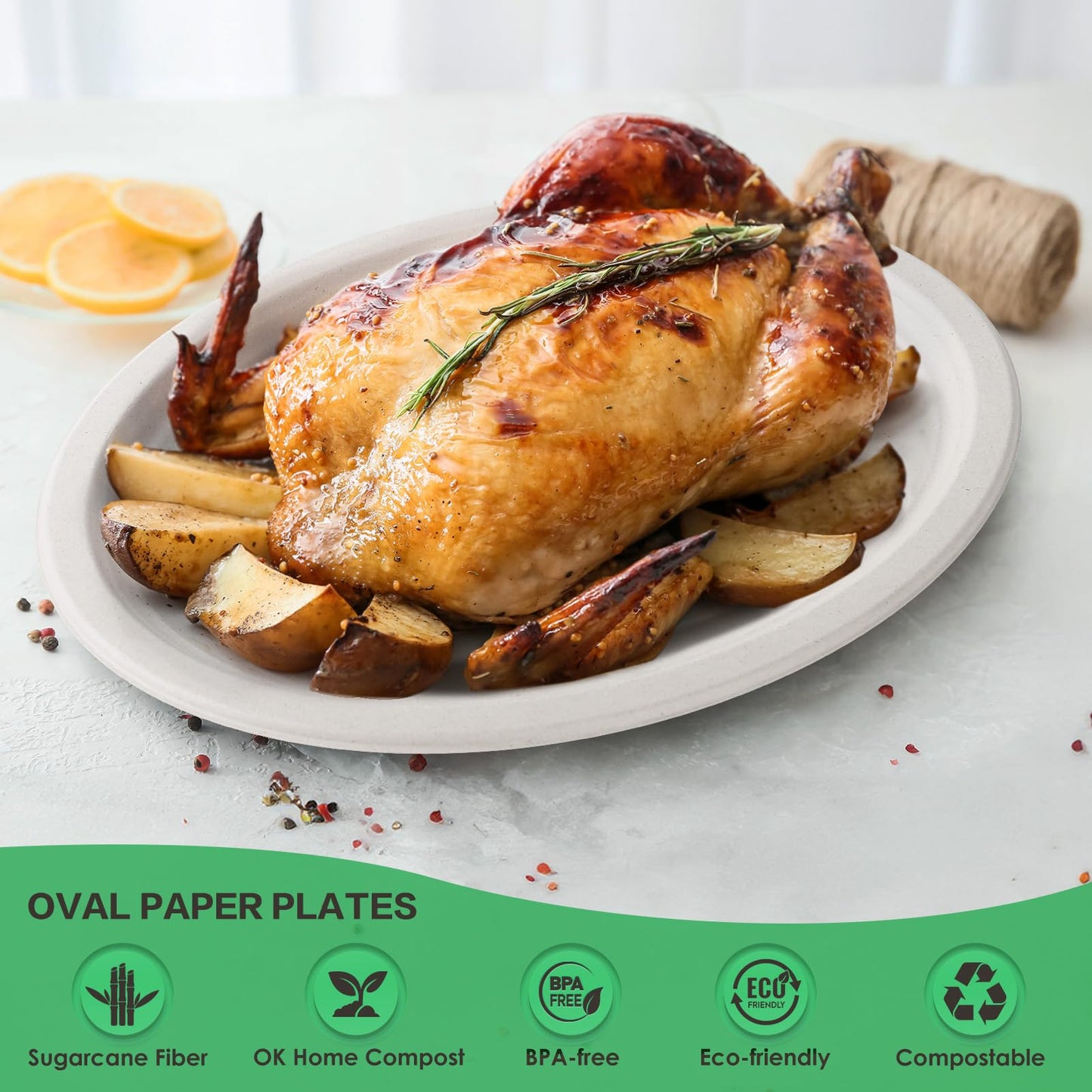 Gezond 100% Compostable Oval Paper Plates 12.5 Inch 50 Pack Large Disposable Heavy-Duty Plates Eco-Friendly Sugarcane Fiber Plates Biodegradable for Party, BBQ and Picnic Whtie