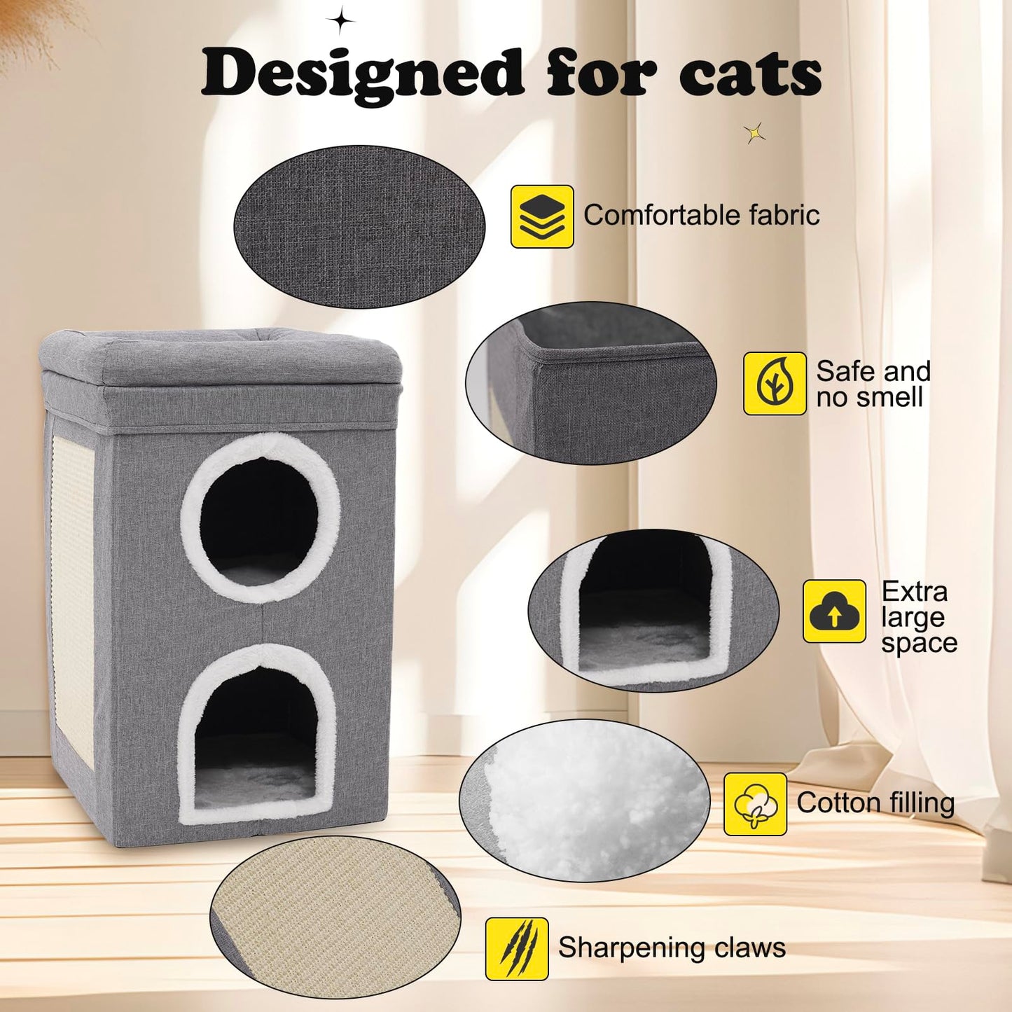 3-Level Cat House for Indoor, Covered Cat Condo with Scratch Pad and Hideaway Cave, Cat Bed &Furniture for Multi Pets and Large Cats, 15.3 * 15.3 * 26 inches,Grey