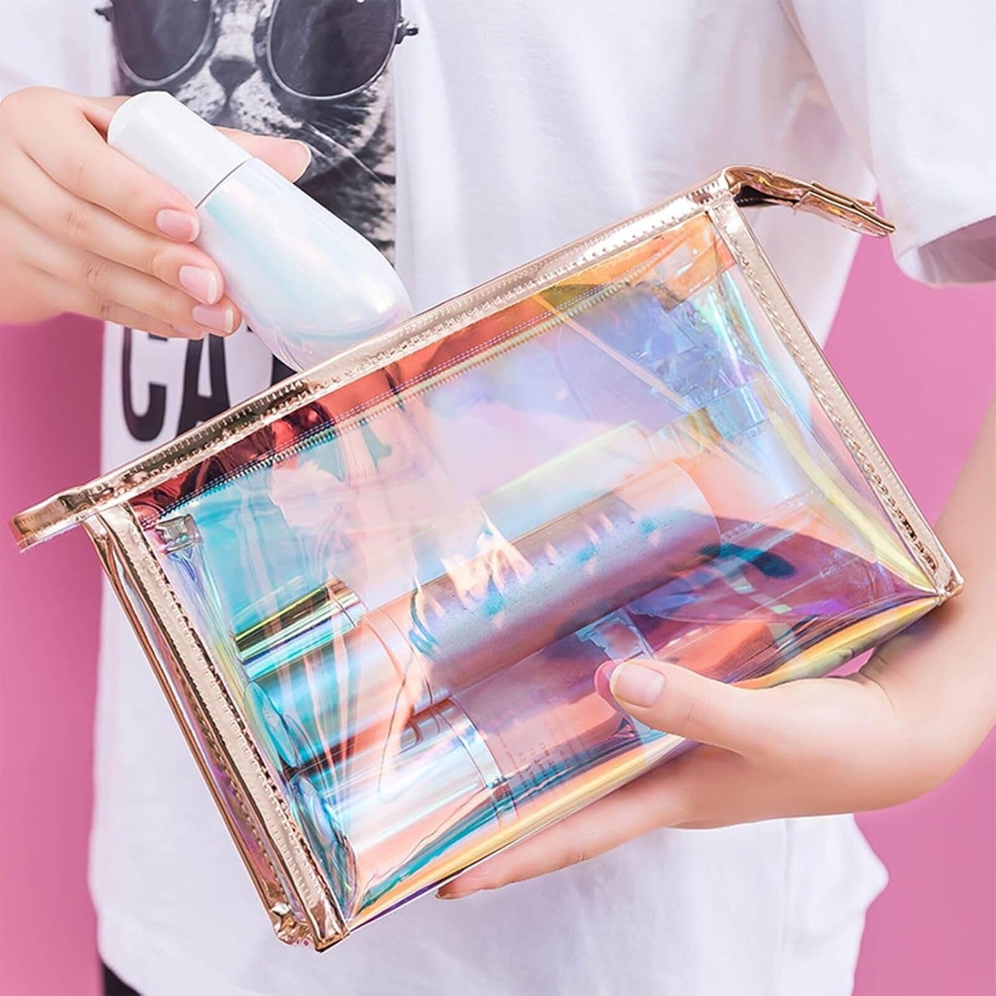 Voittozege 10 Pcs Holographic Makeup Bag Bulk Iridescent Makeup Pouch Clear Bachelorette Bag Portable Zippered Toiletry Bag Waterproof Cosmetic Gift Bags for Organizer, Brushes,Women Gifts