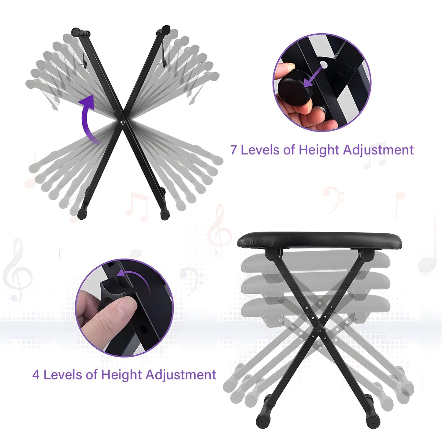 ASDJAKZP Keyboard Stand and Bench Set, Piano Keyboard Stand and Bench with Lockable Straps & Non-Slip Pads, Double-X Keyboard Stand Adjustable Digital Piano Stand and Bench, 7 Adjustable Heights (Black)